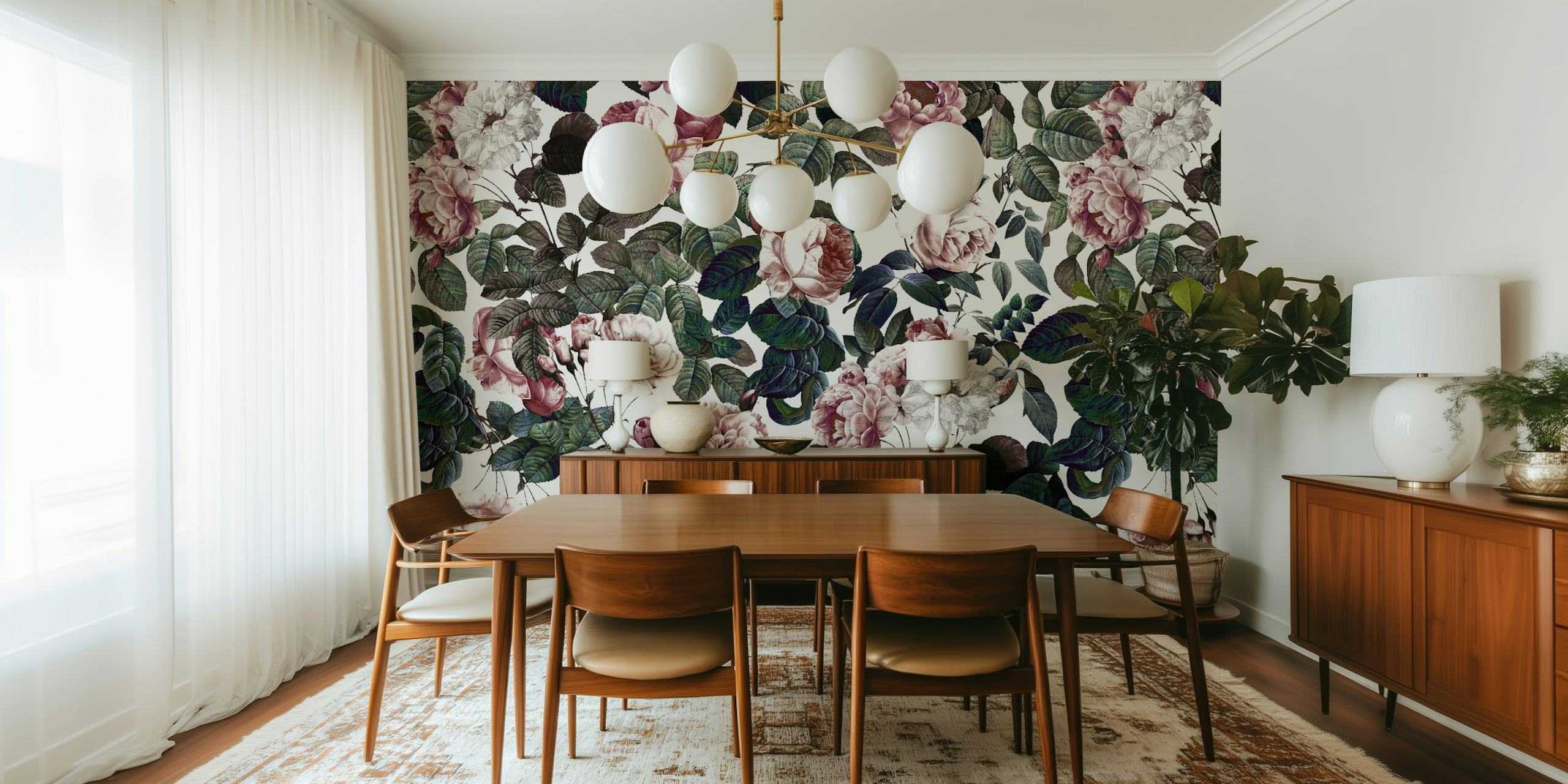 Vintage floral wallpaper with pink roses and green leaves