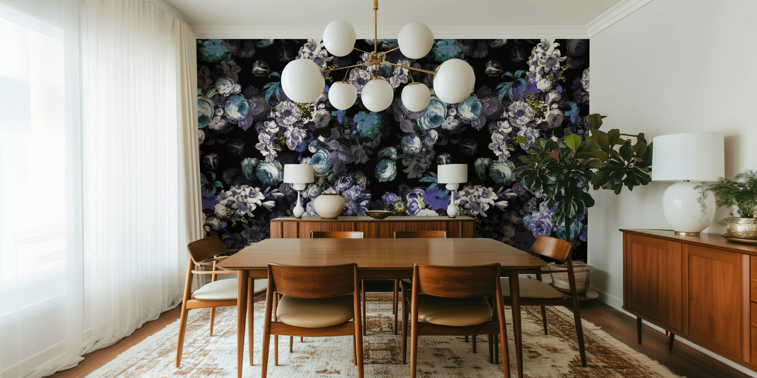 Papier peint floral abstrait avec un fond sombre et des fleurs bleues et violettes vibrantes