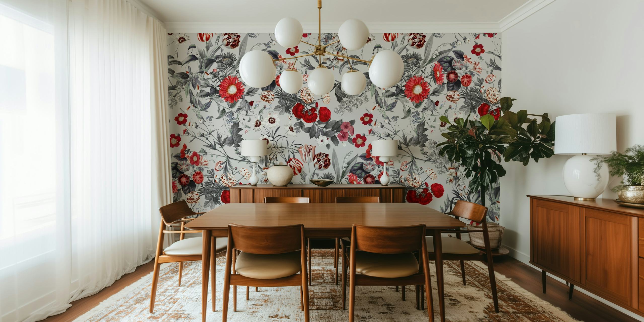 Um Mural De Parede Vibrante E Elegante Com Flores Vermelhas E Folhas Em Tons De Cinza, Denominado Jardim Exótico Xvii-Ii.