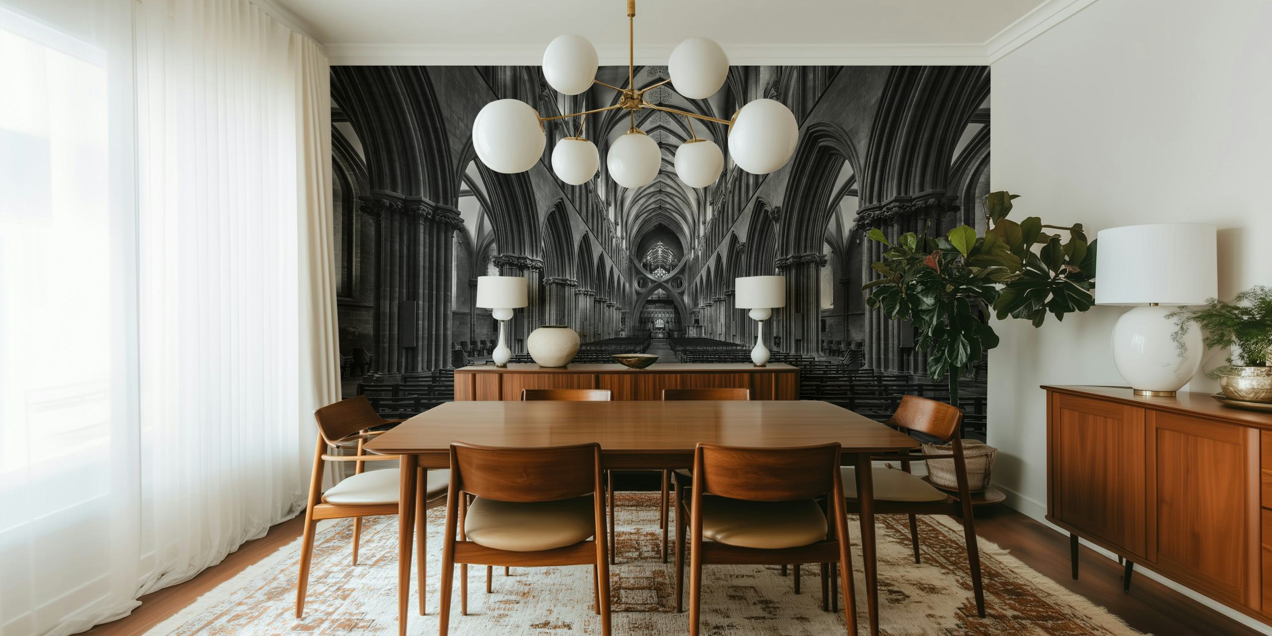 Wells Cathedral interior wall mural in black and white showcasing Gothic architectural details.