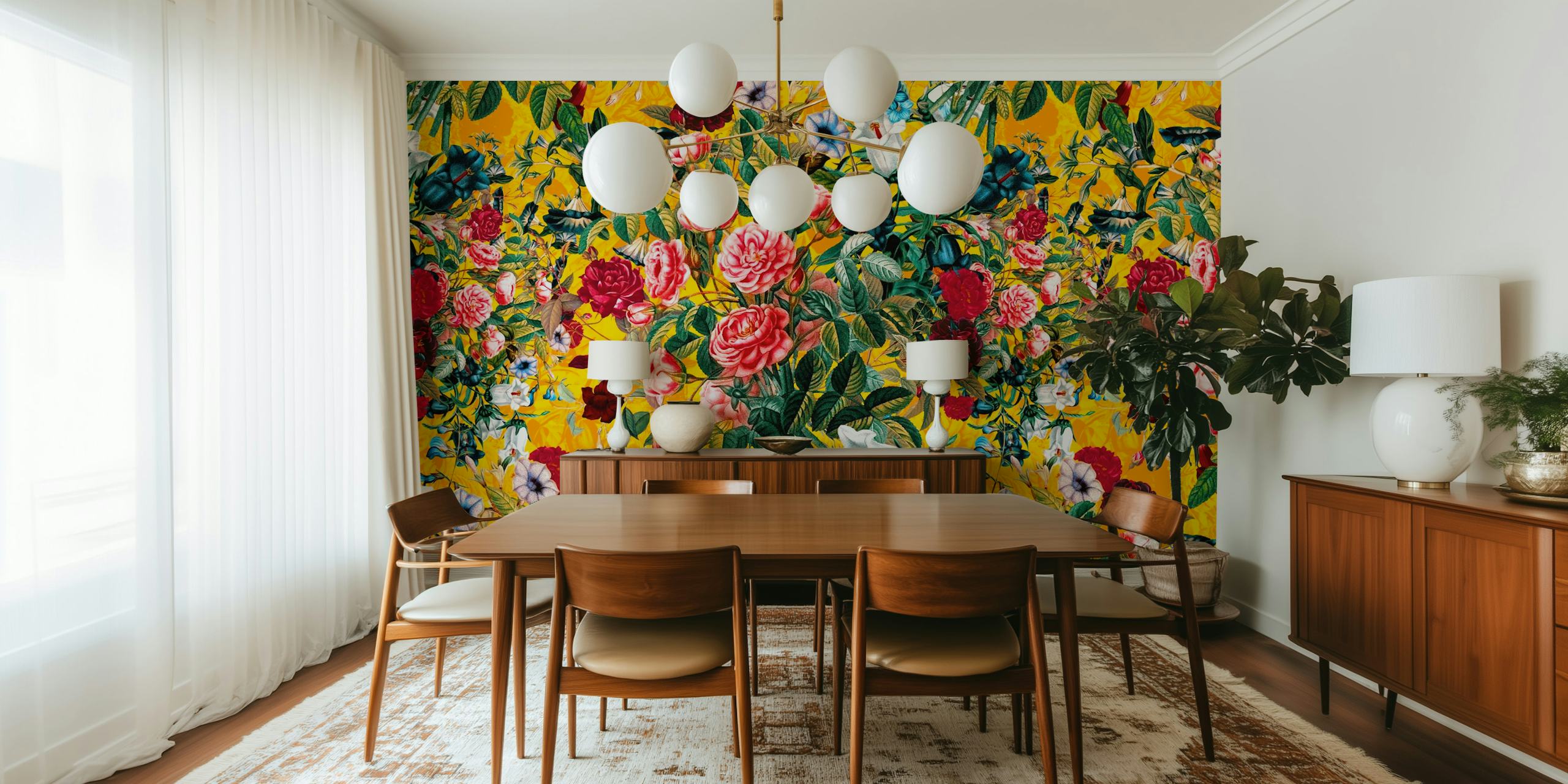 Colorful floral pattern with pink, red, and white flowers against a yellow background wallpaper