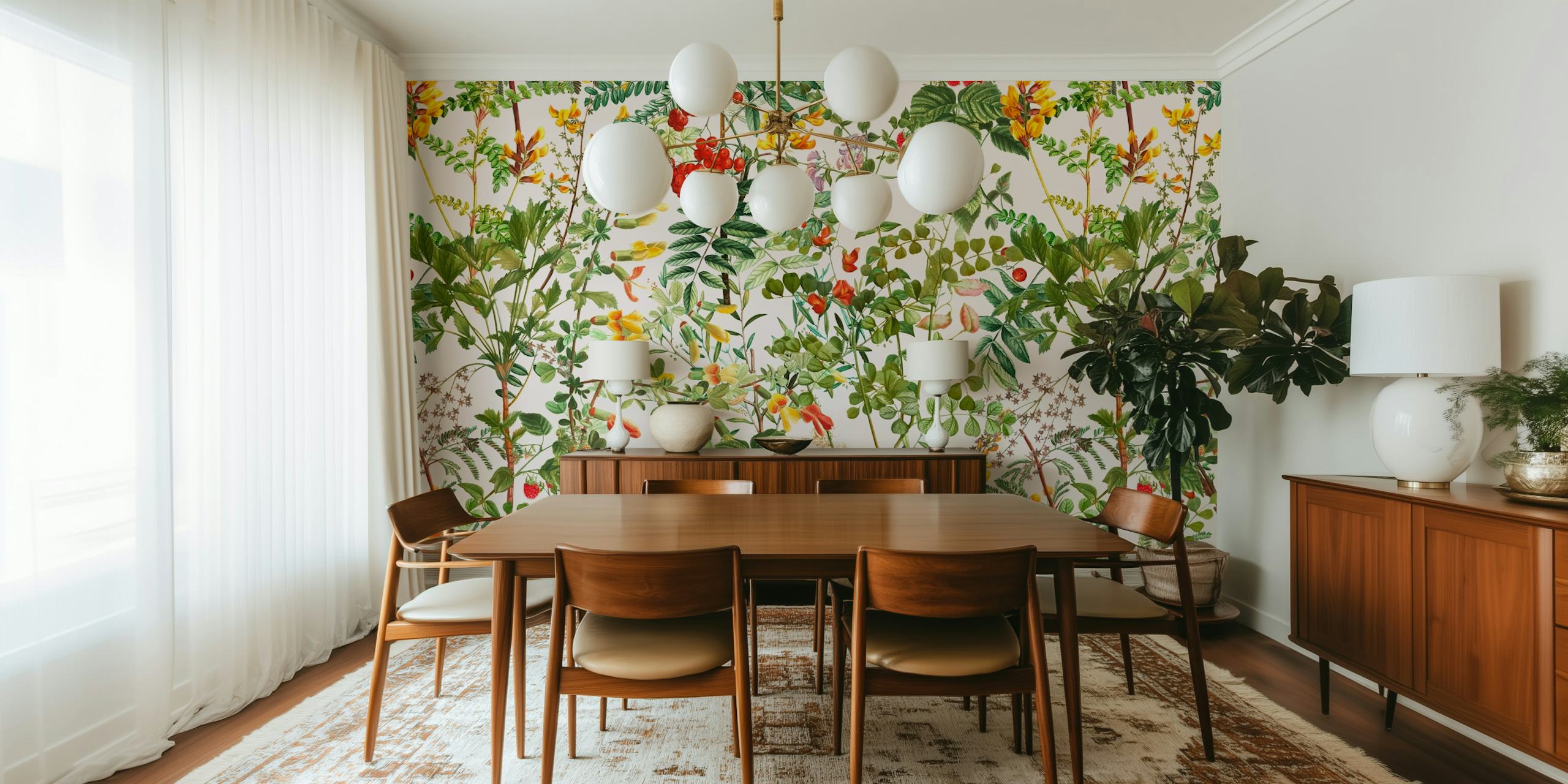 Lush summer meadow-inspired wall mural with a variety of flowers and greenery
