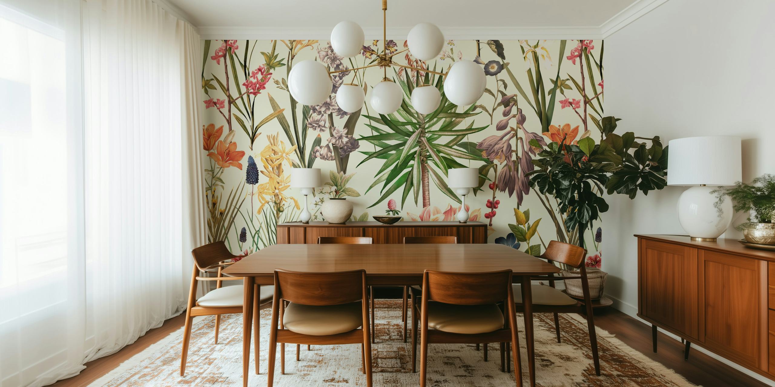 Tropical plants and flowers in various colors wallpaper