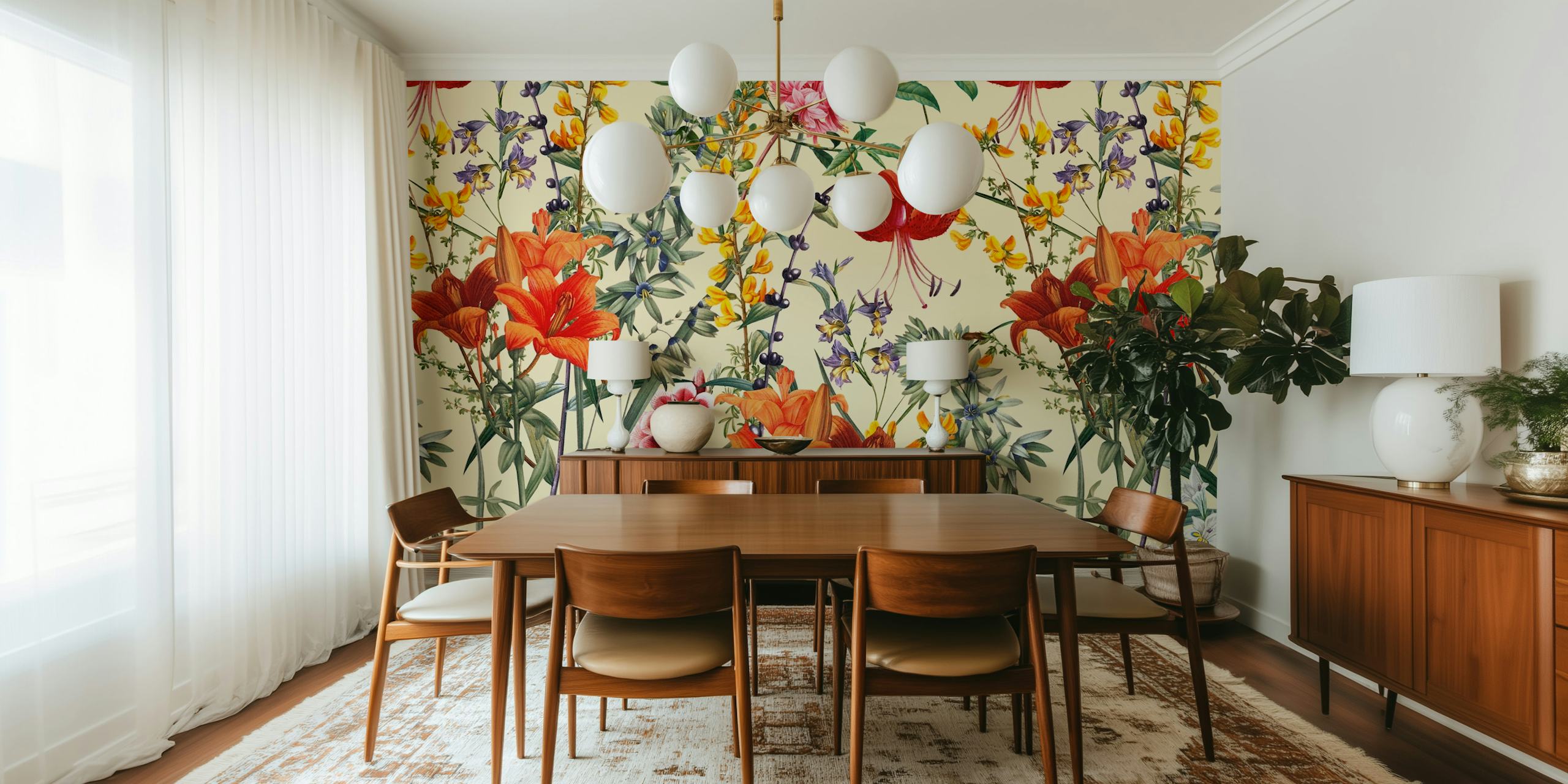 Summer inspired wall mural with red poppies, purple lilacs, and golden blossoms on a cream background