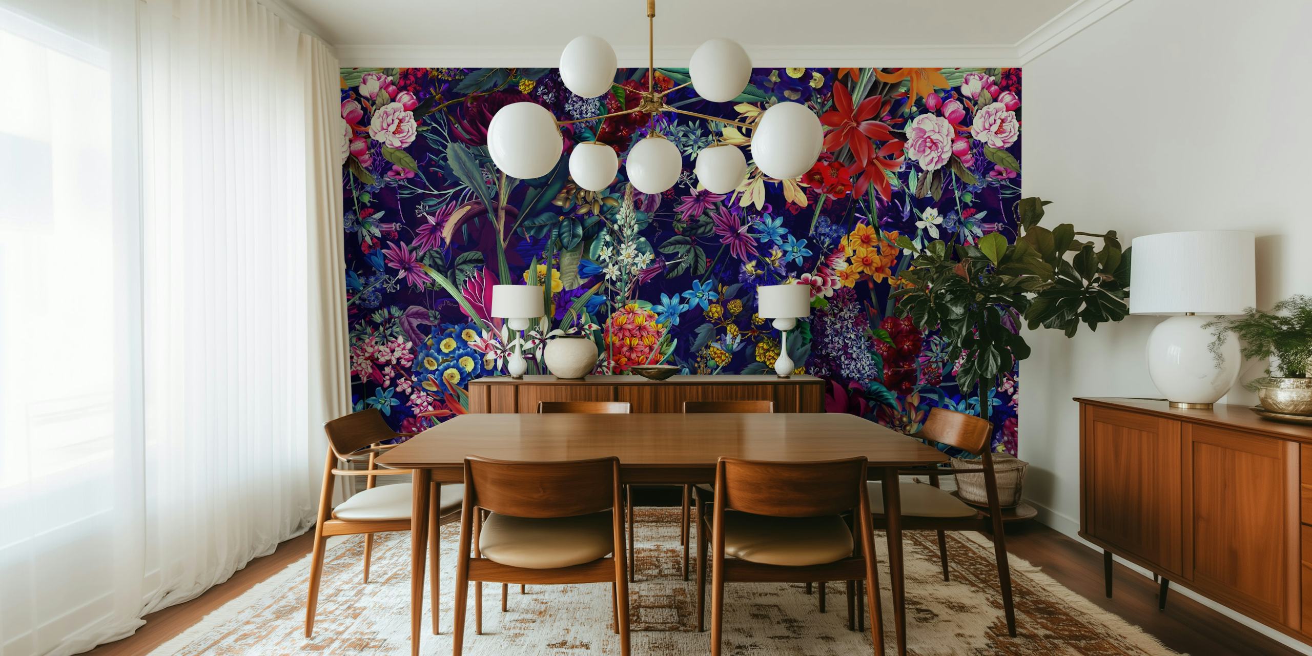 Bright colorful floral patterns on dark background wallpaper