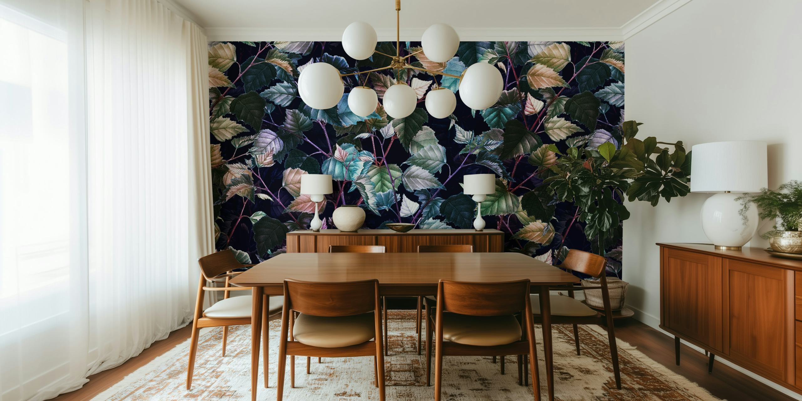 Leaves with shades of green, teal, and purple in Magical Forest III wall mural