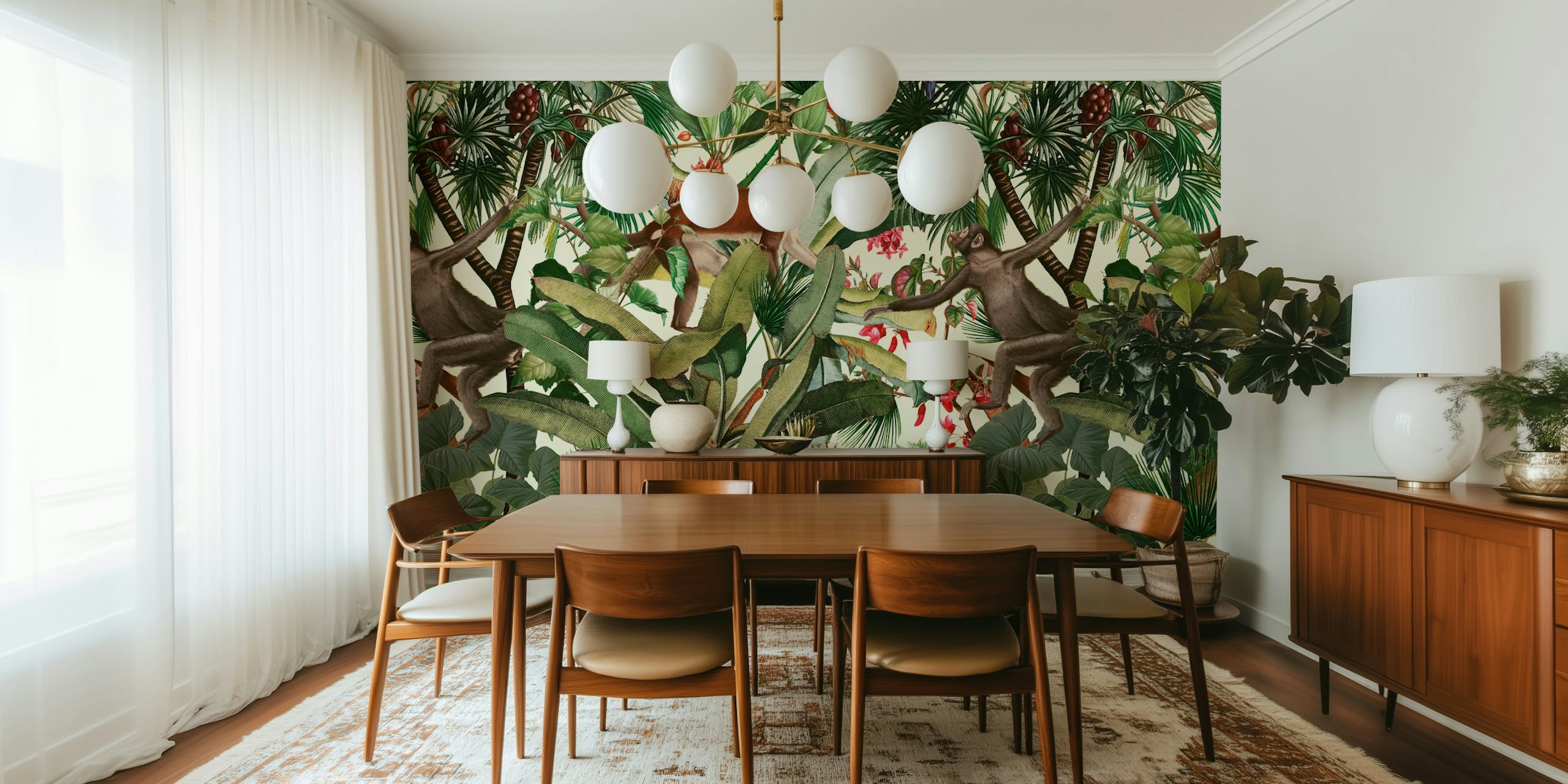Tropical wallpaper with monkeys and green leaves