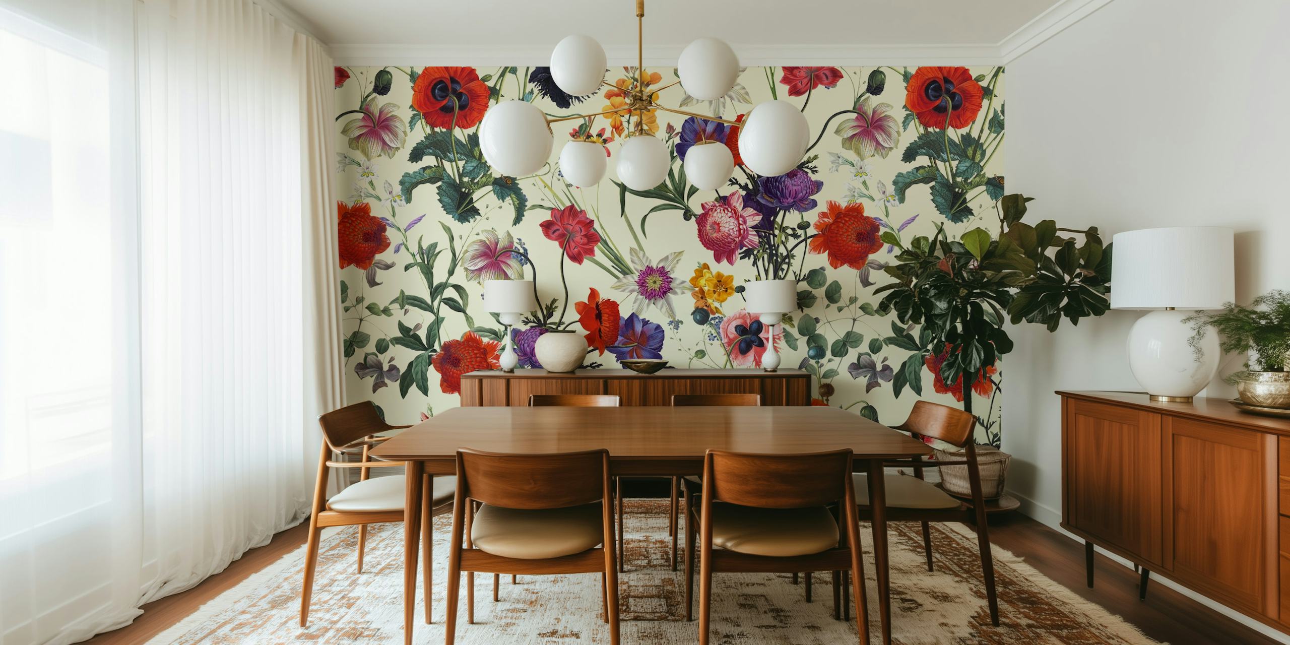 Colorful floral pattern with various flowers including red, purple, and yellow on light background wallpaper