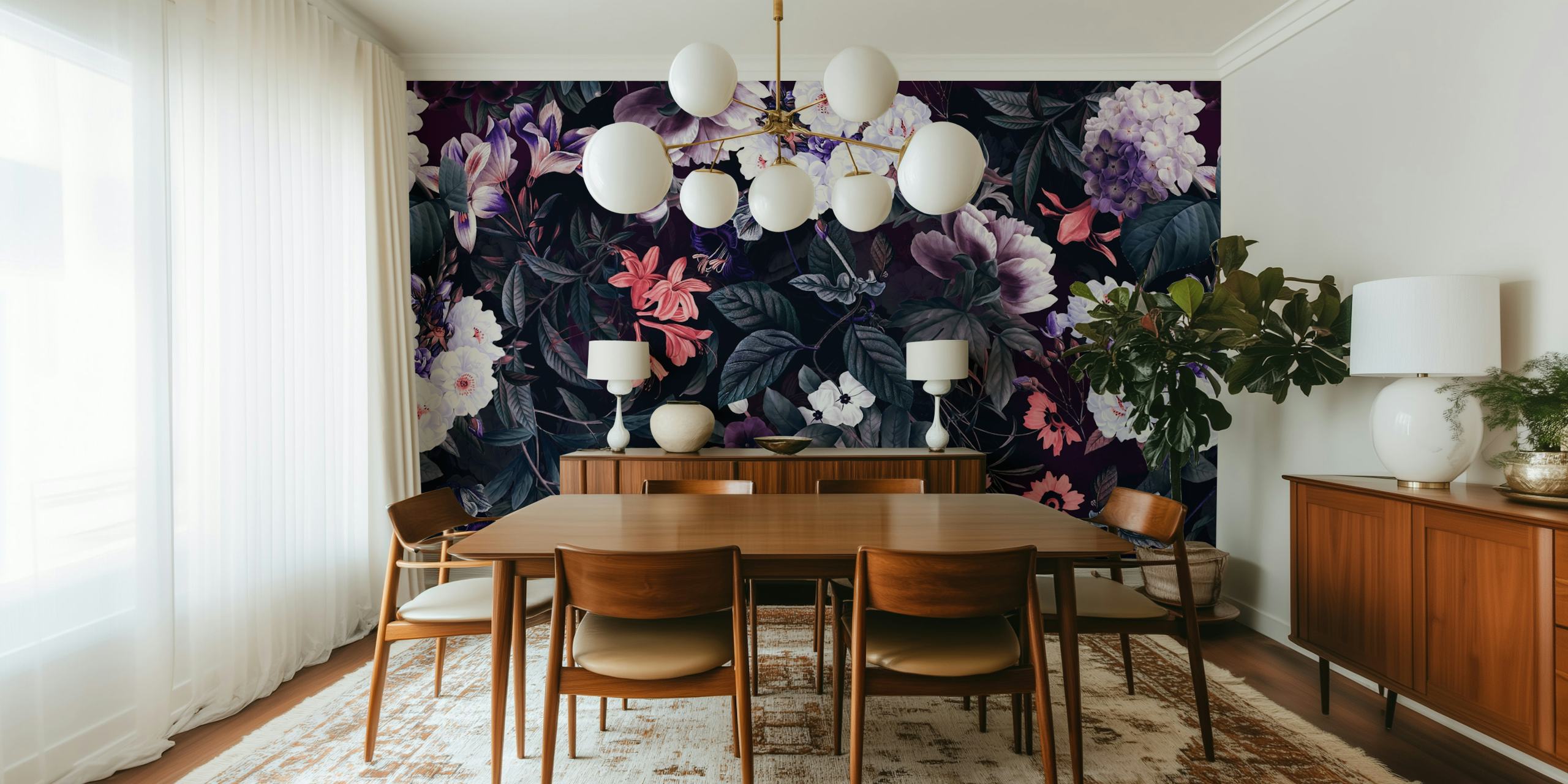 Colorful floral patterns with vibrant blooms on dark background wallpaper