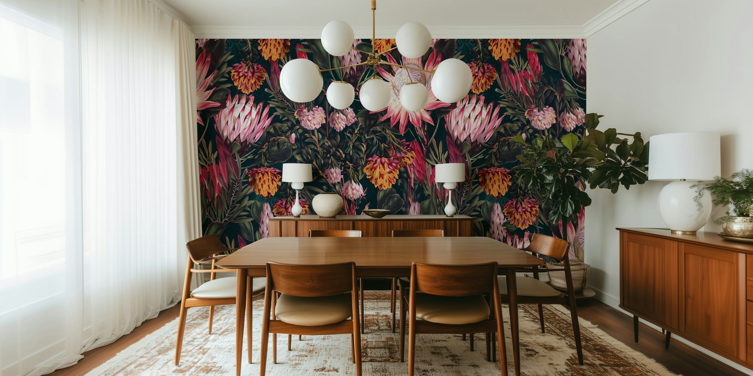 Fotomural flores y follaje de protea sobre fondo oscuro