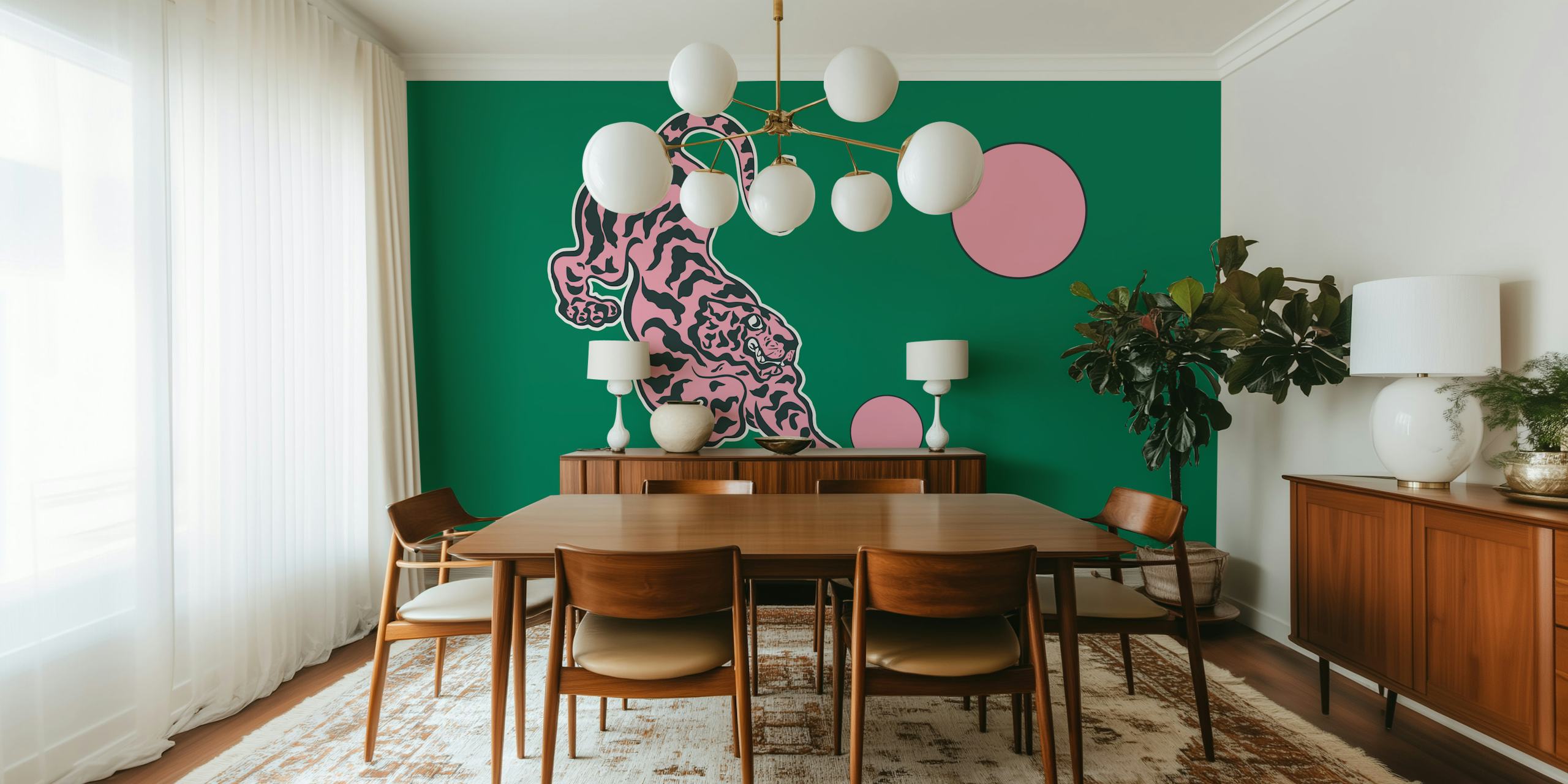 Pink tiger illustration with two pink circles on green background wallpaper