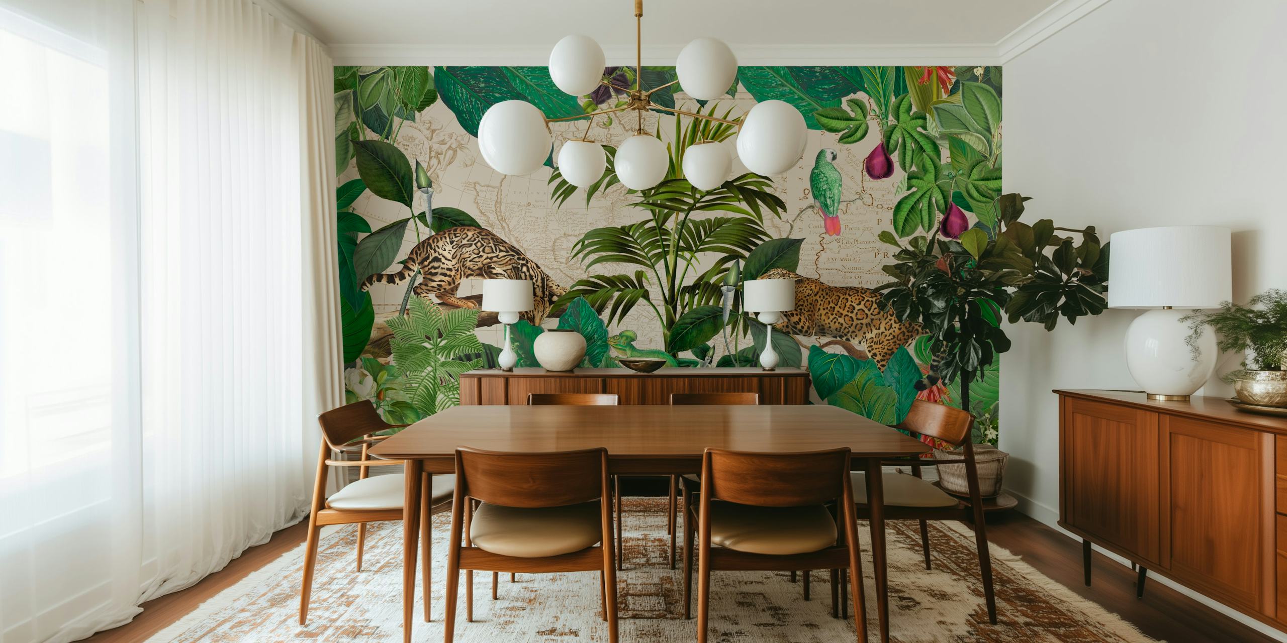 Fotobehang van twee wilde junglekatten te midden van een dicht tropisch bladpatroon met subtiele bloemaccenten.