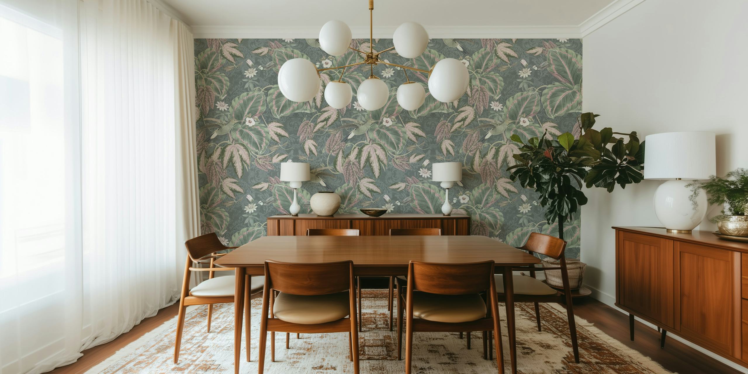 Mural de pared de estilo vintage que representa aves del paraíso y follaje en sutiles tonos pastel