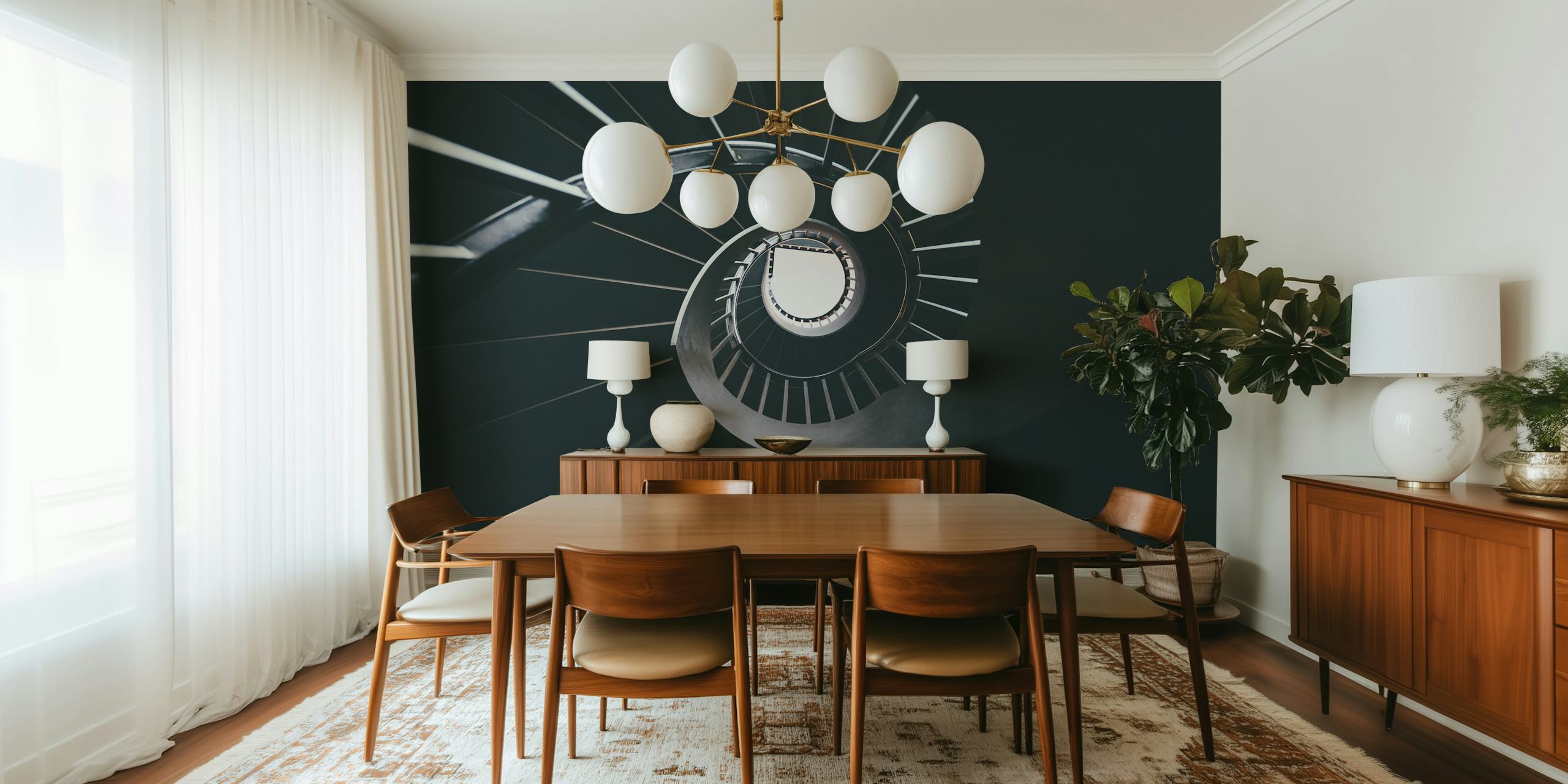 Black and white spiral staircase wallpaper, modern abstract style