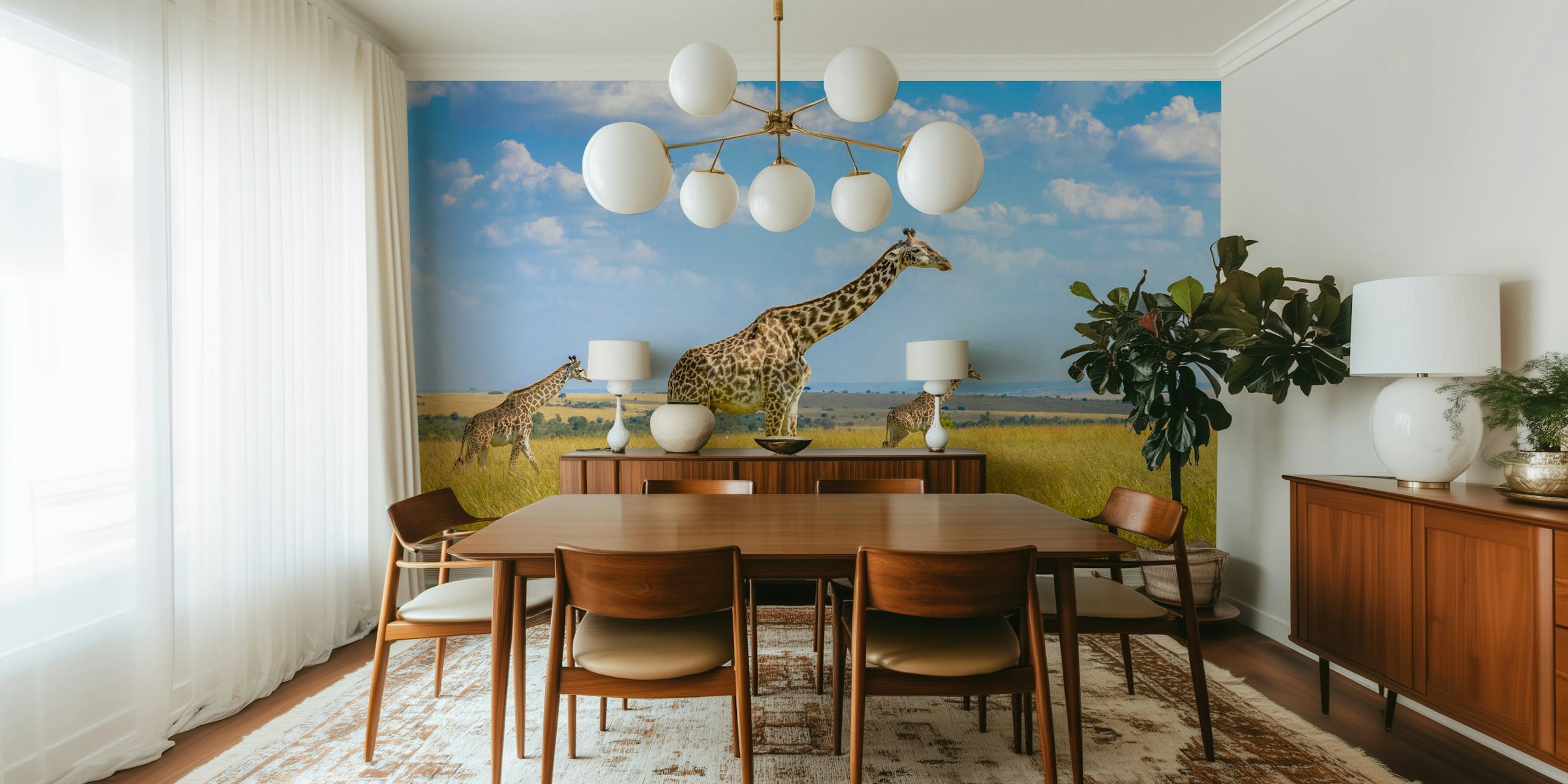 Το τοιχογραφία Trio Giraffes απεικονίζει τρεις καμηλοπαρδάλεις σε μια ηλιόλουστη σαβάνα.