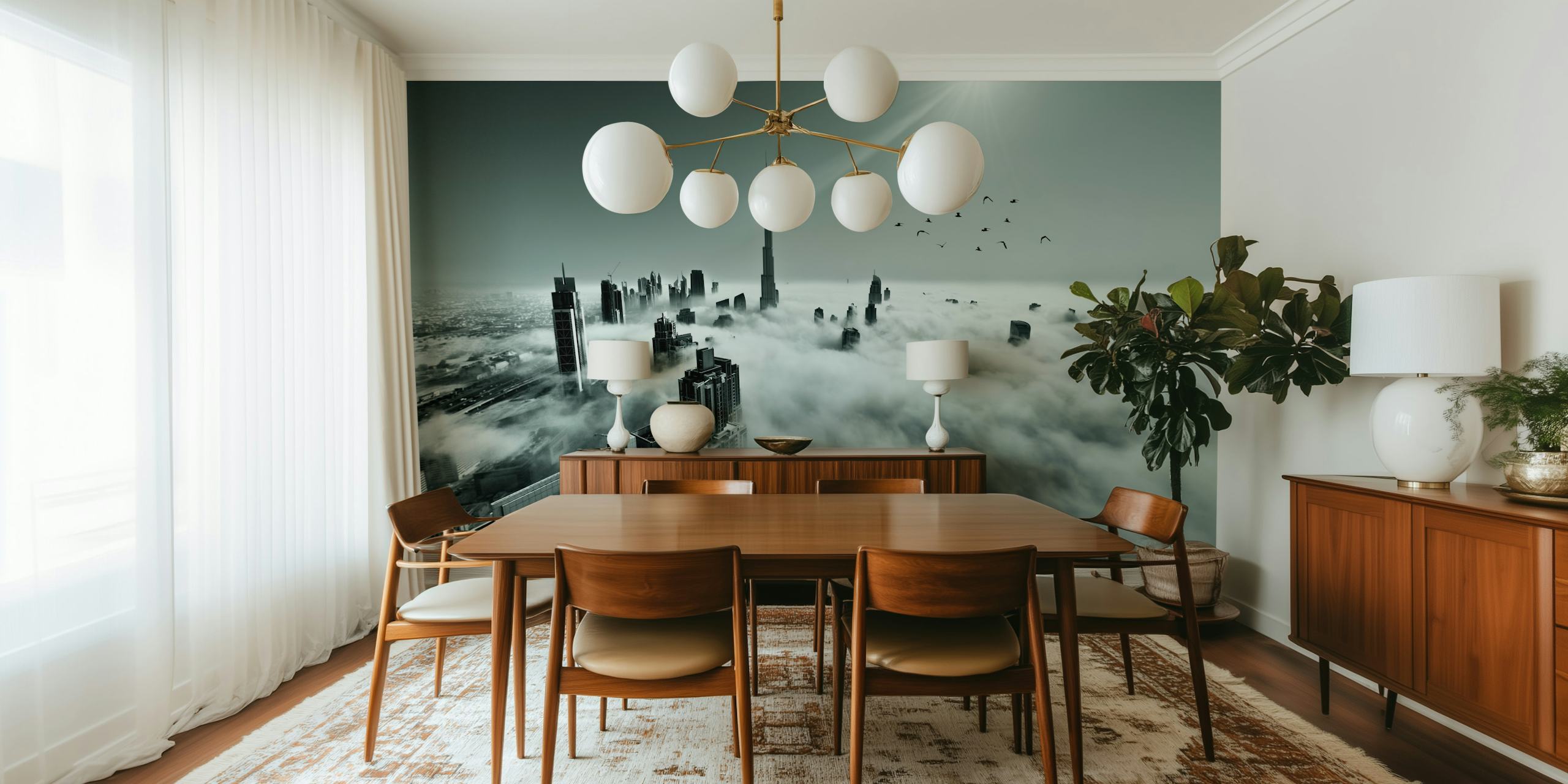 Papel de parede com uma paisagem urbana acima das nuvens