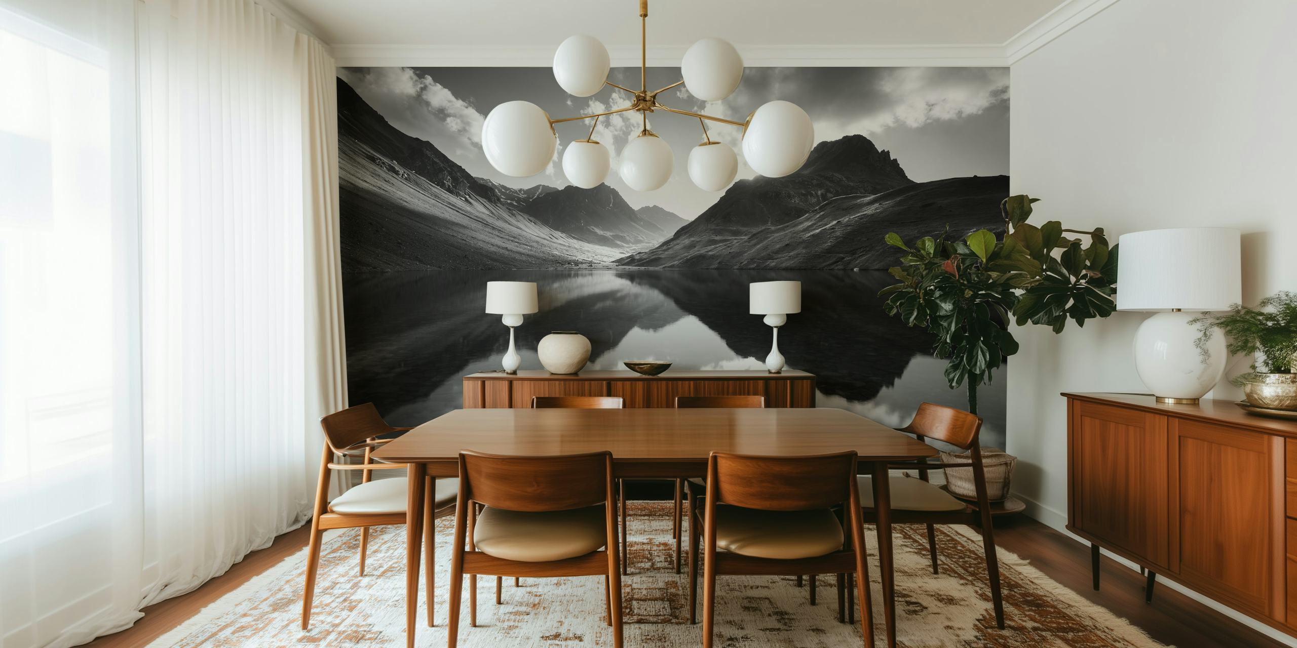 Black and white mountain landscape with reflections wallpaper