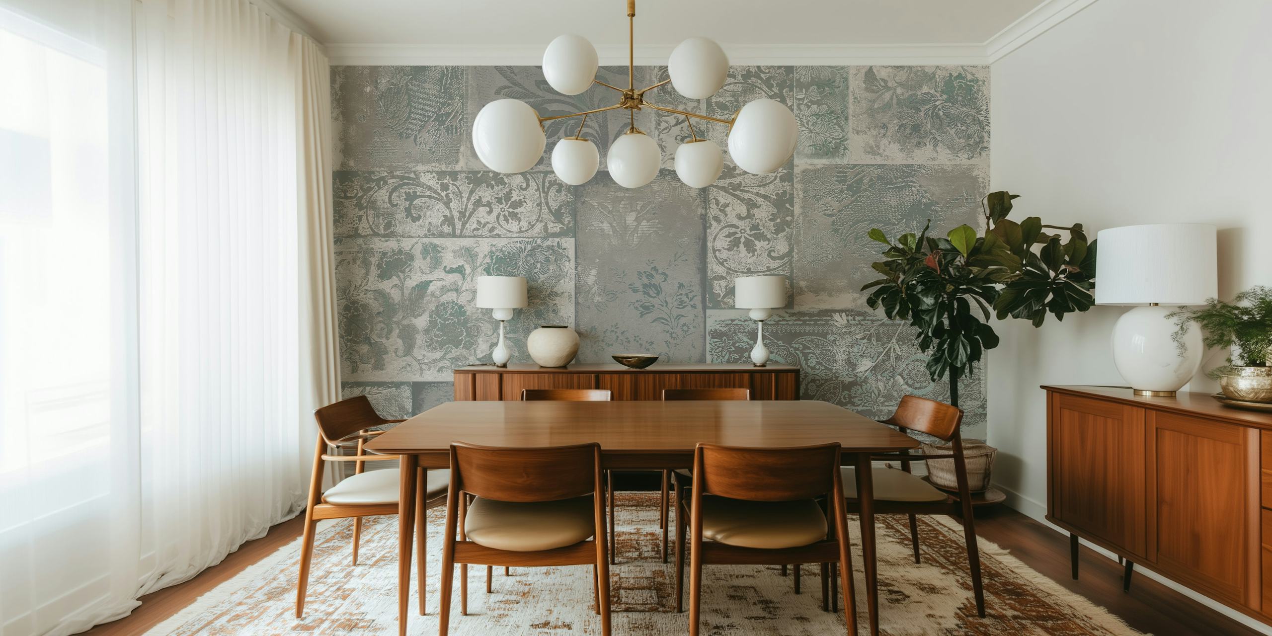 Bohemian Patchwork grey mint wallpaper in a room