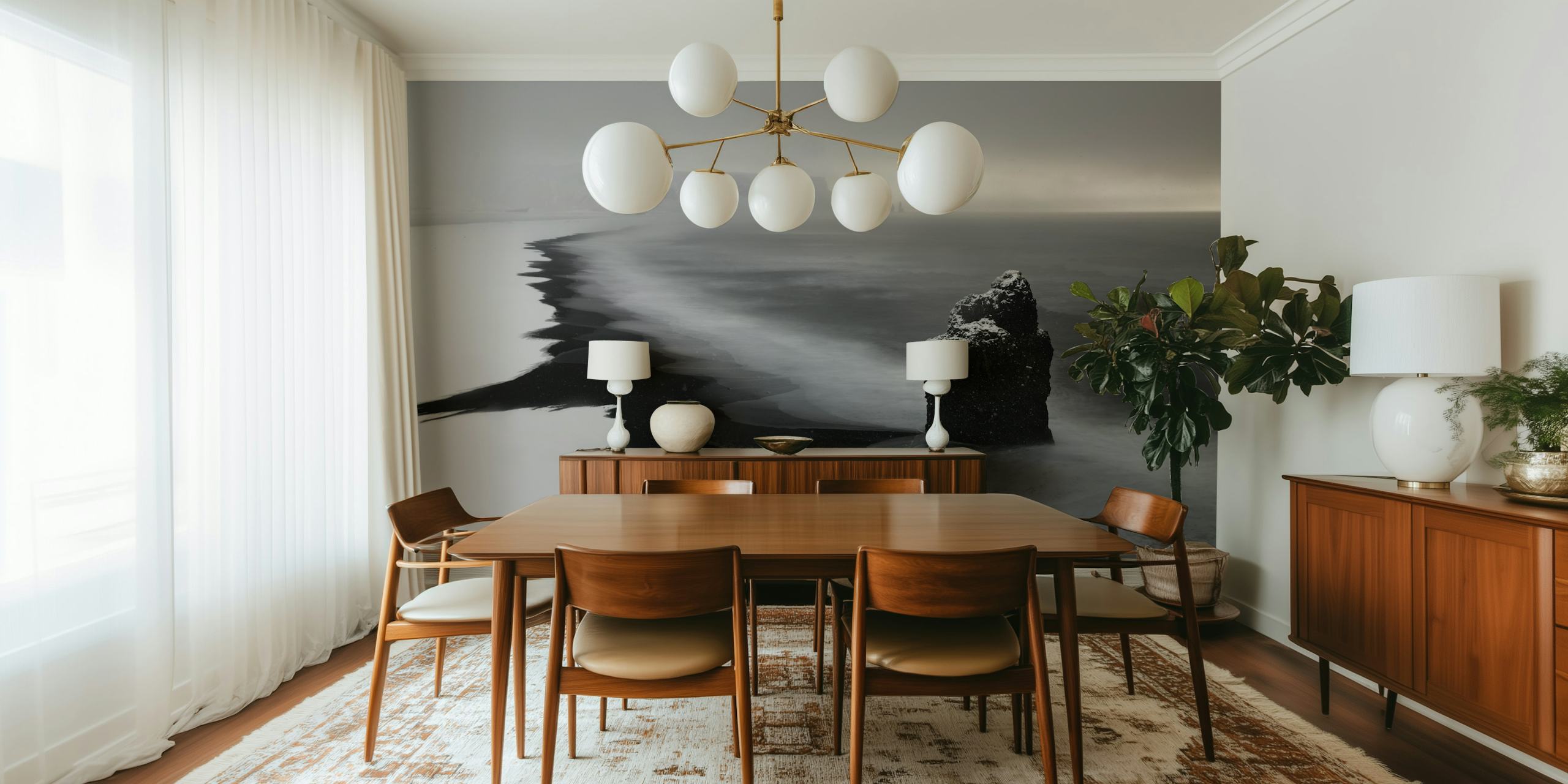 Black and white coastal landscape wallpaper with rocky shore