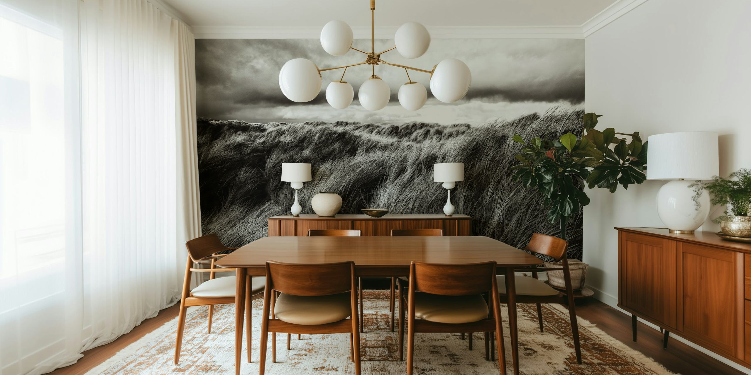 Mural monocromático que representa dunas cubiertas de hierba azotadas por el viento