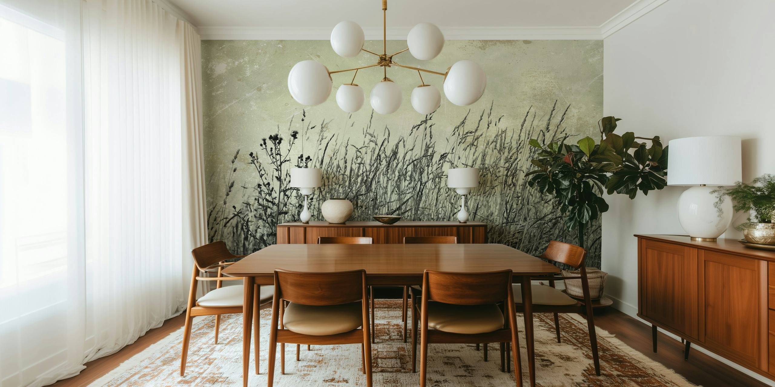 Tall grasses and wildflowers in black and white wallpaper