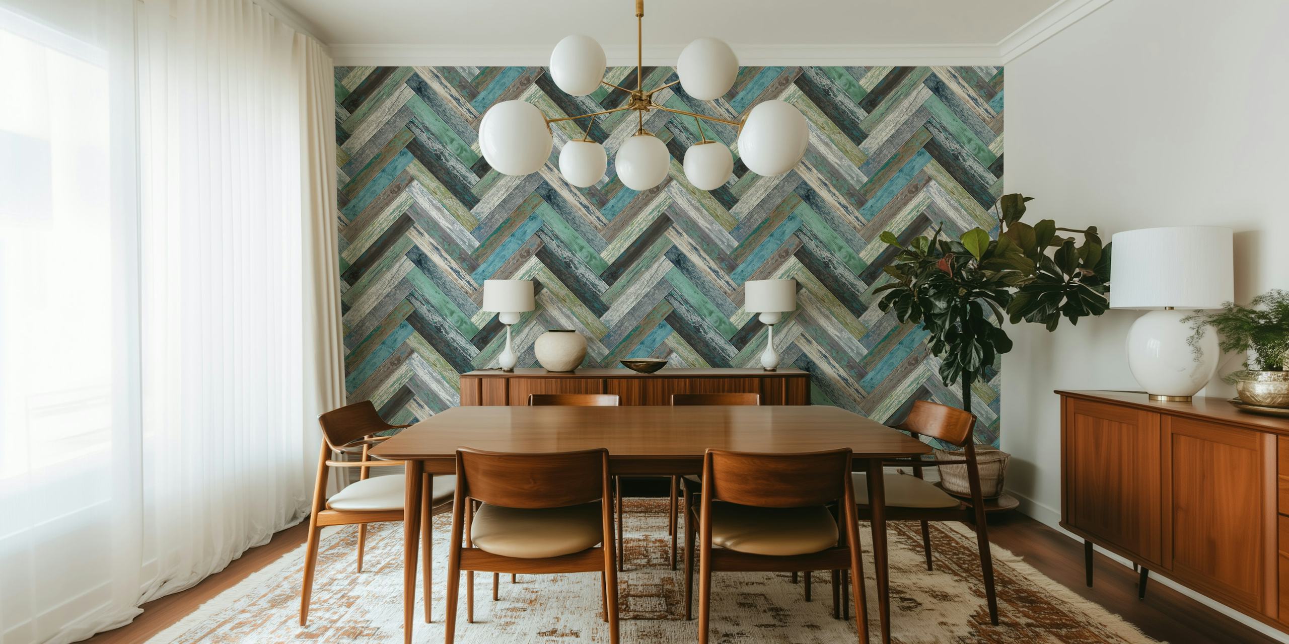 Wandbild „Chevron Wood Green Blue“ mit einem Chevron-Muster in Blau- und Grüntönen.