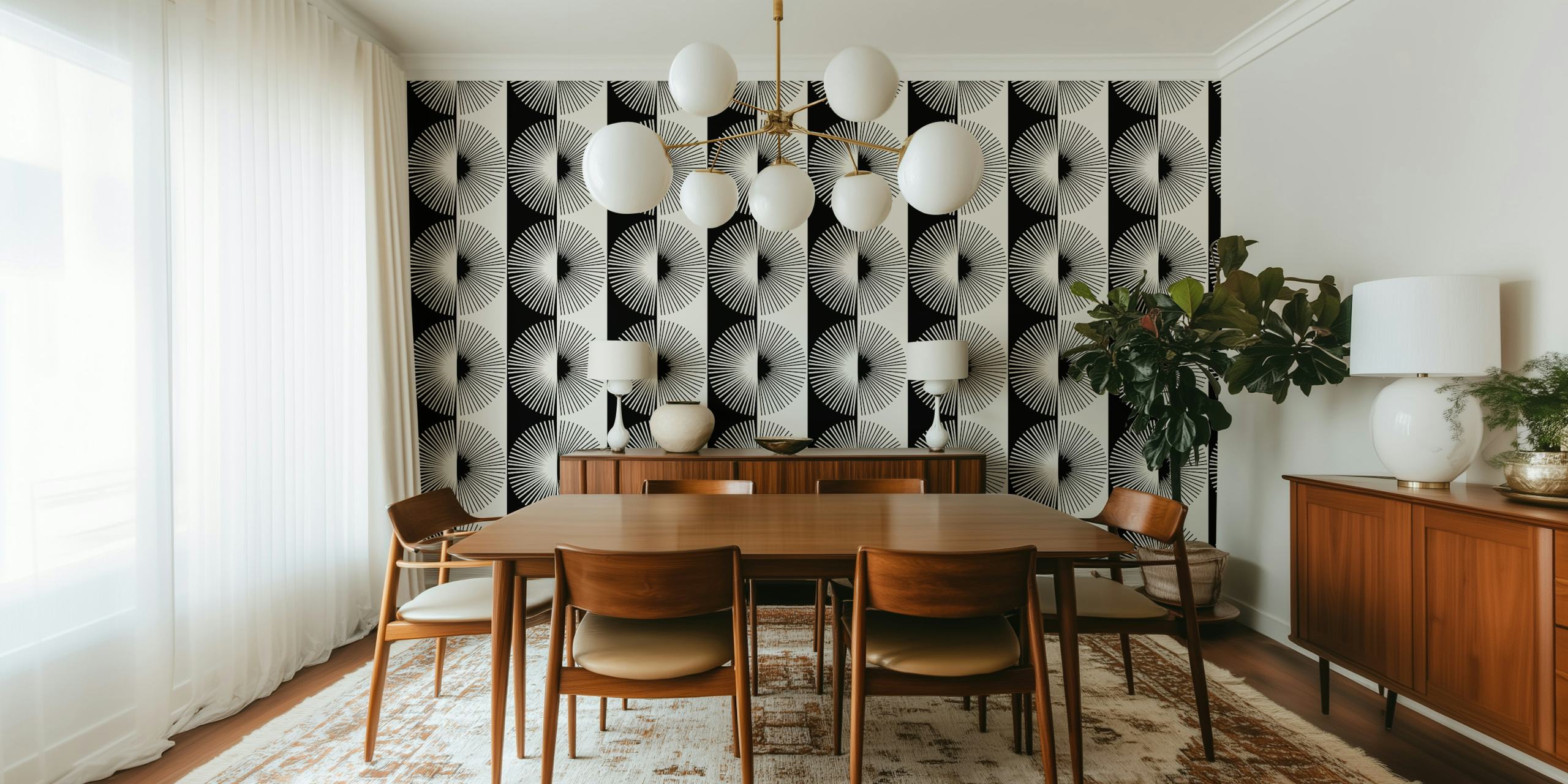 Black and white geometric pattern wallpaper with circular designs