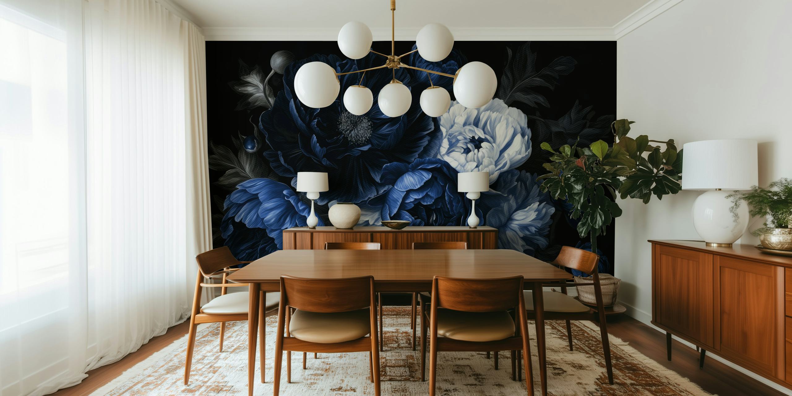 Dark navy flowers and white peonies with leaves wallpaper