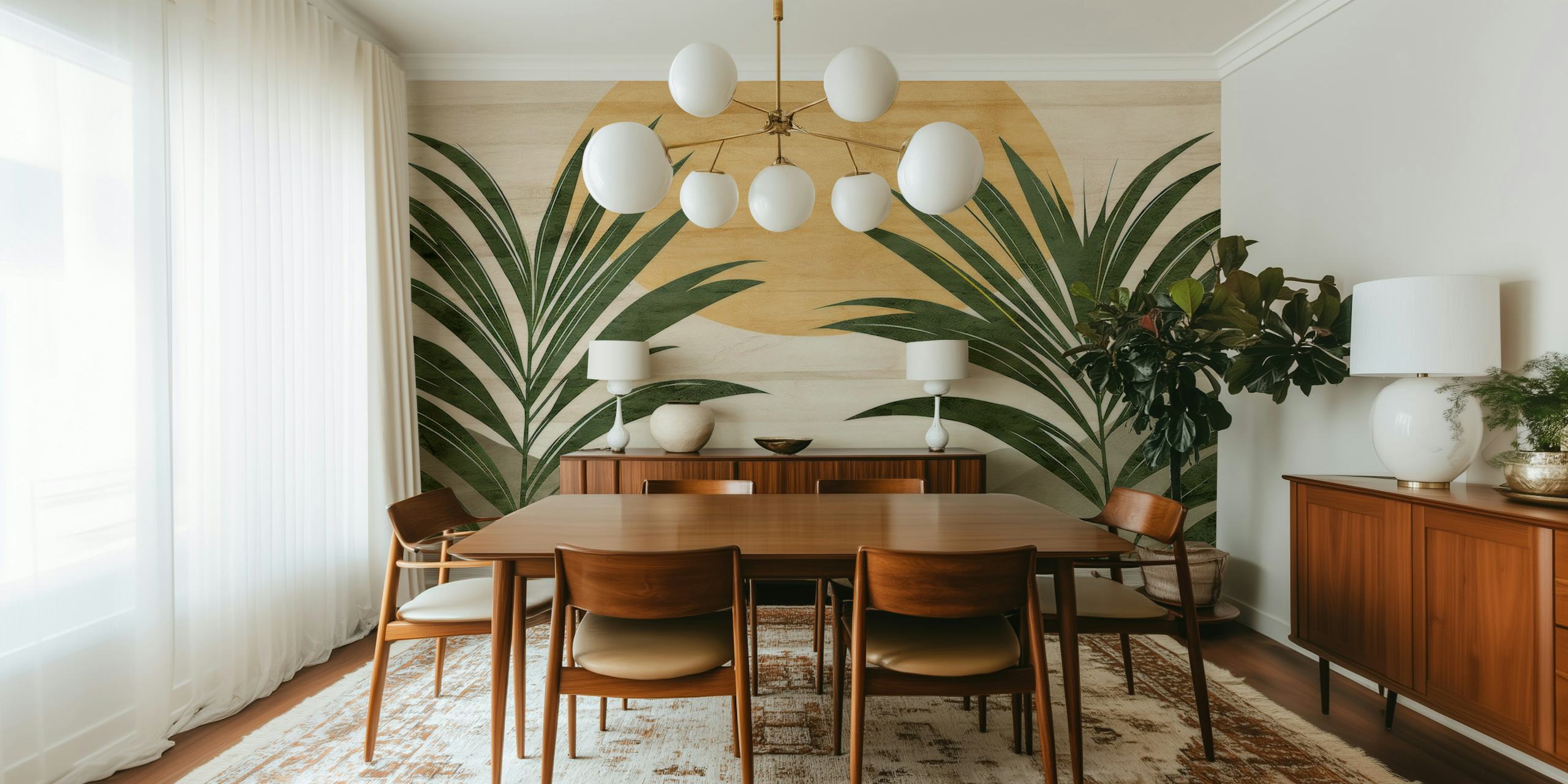 Tropical palm leaves against a warm beige background wallpaper