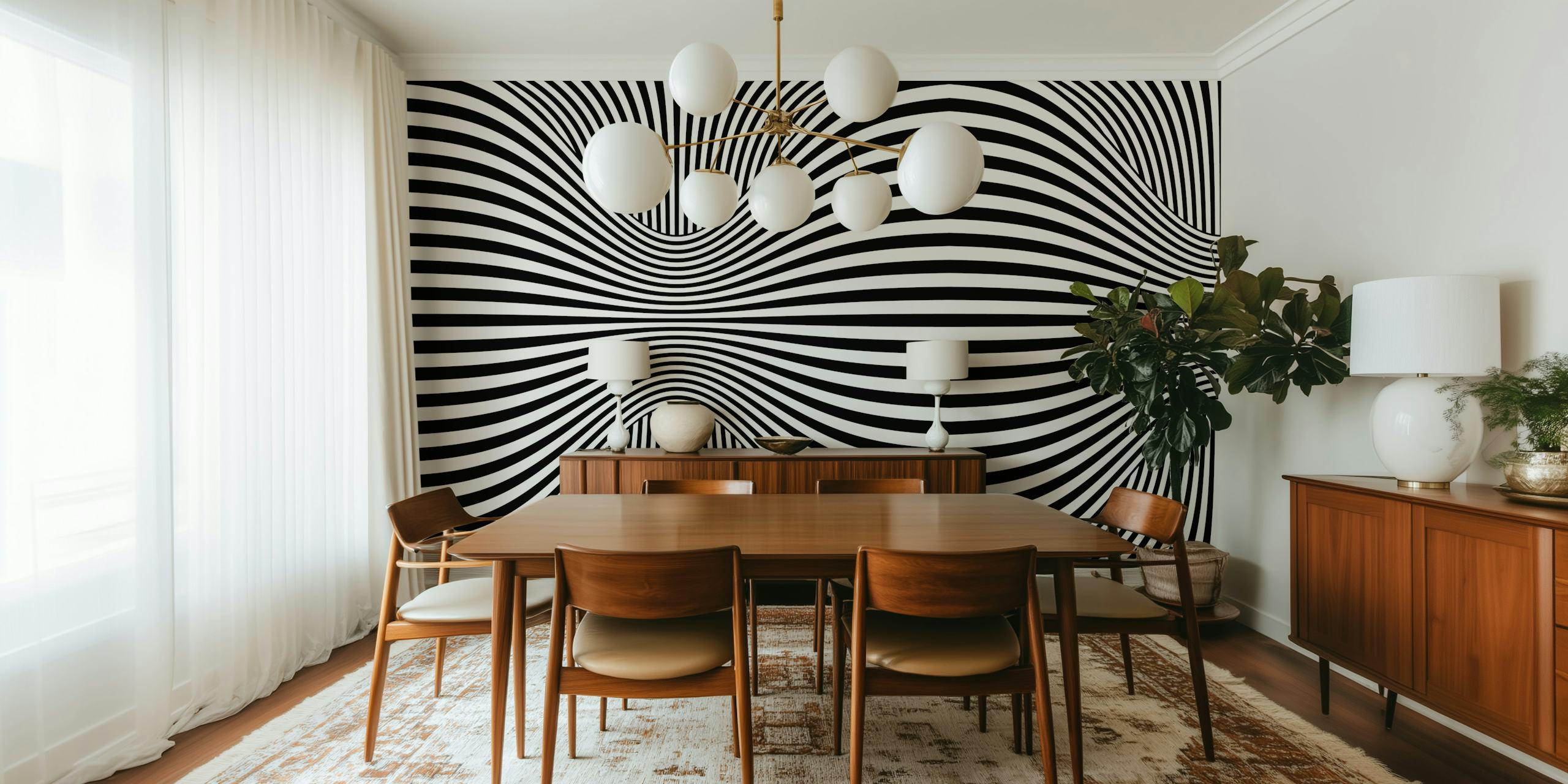 Groovy Retro Op-Art Stripe Warp wallpaper in a room