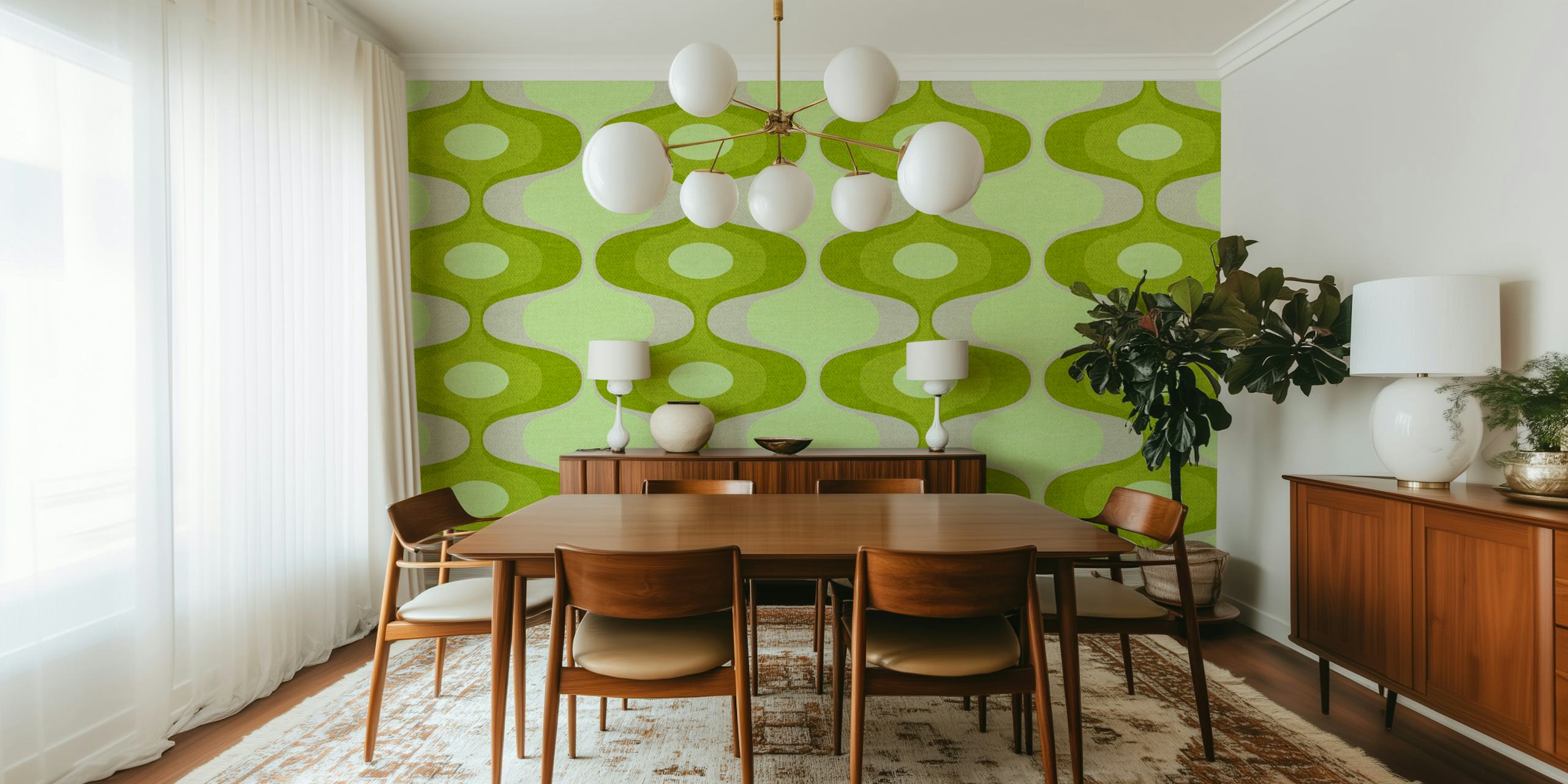 Green geometric pattern and oval shapes wallpaper