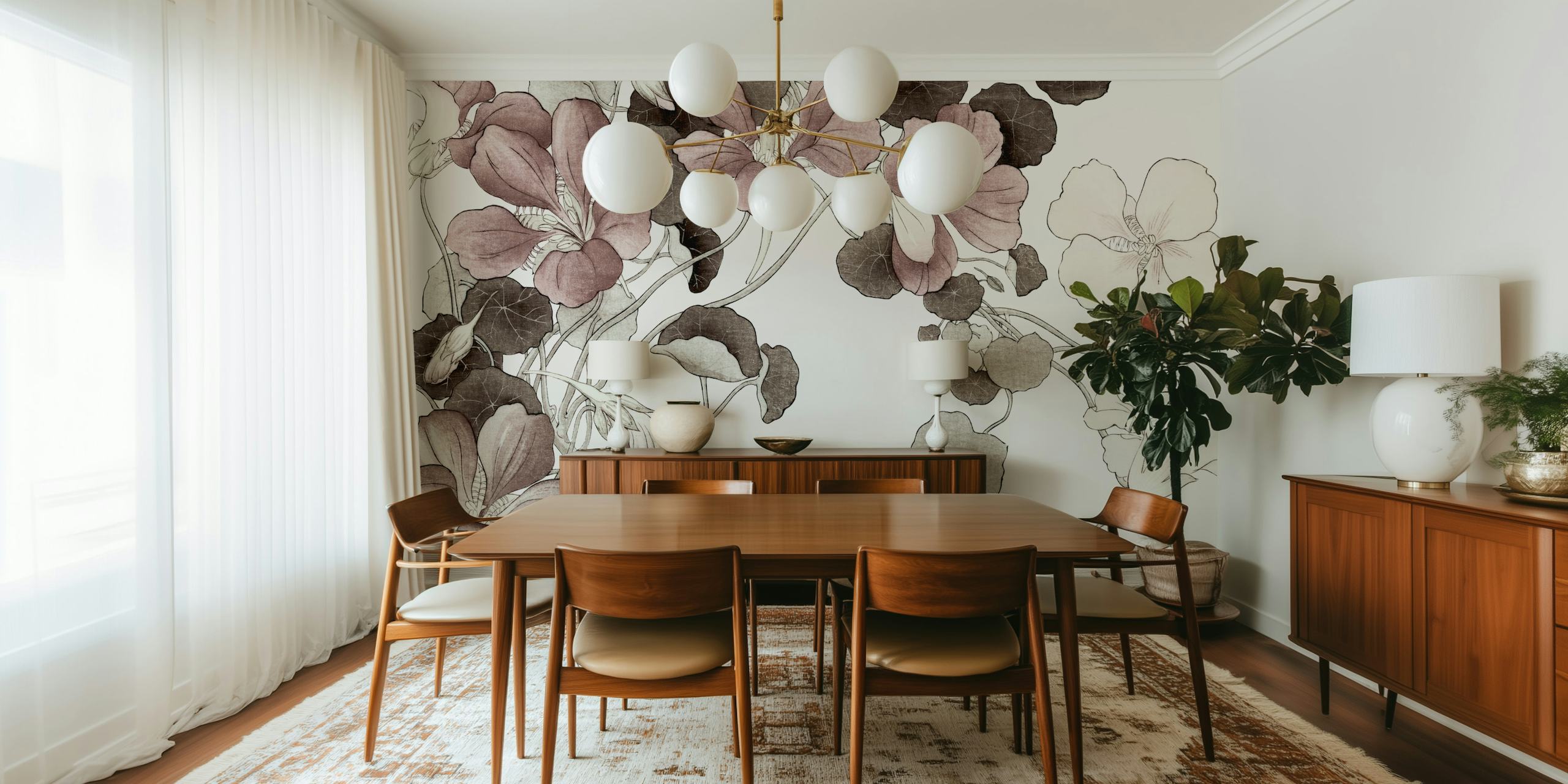 Vintage floral wallpaper featuring detailed botanical illustrations in muted tones