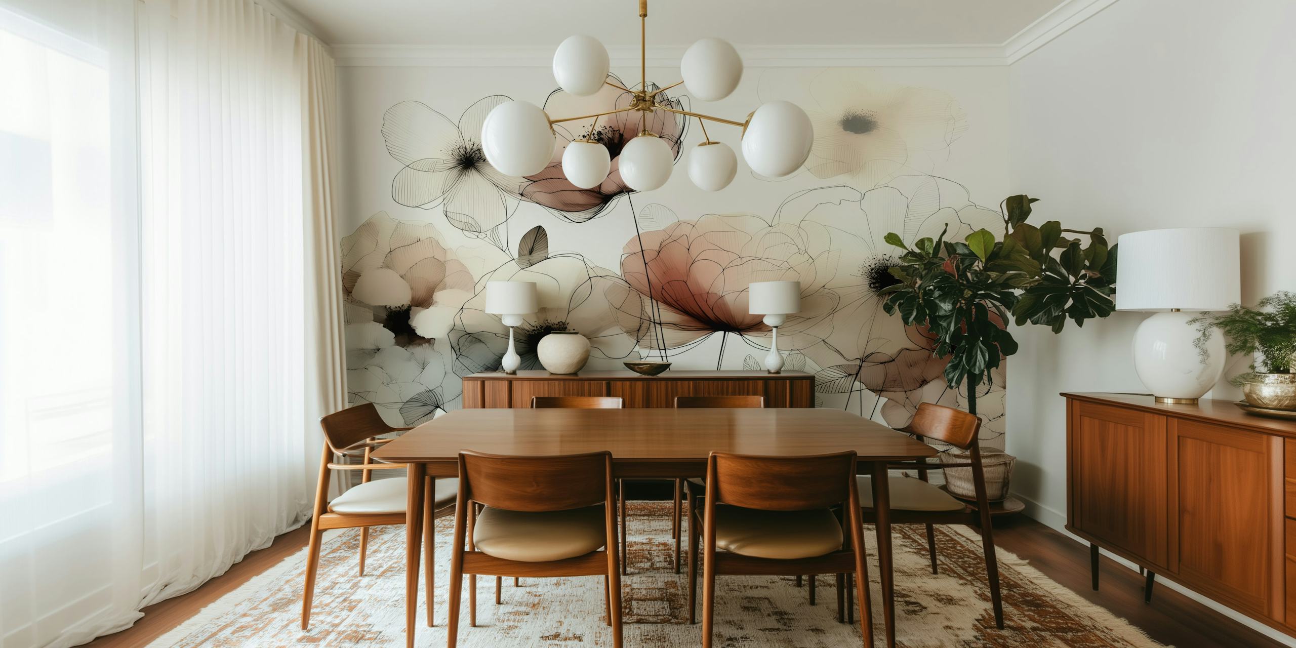 Delicate line-drawn pastel floral wallpaper