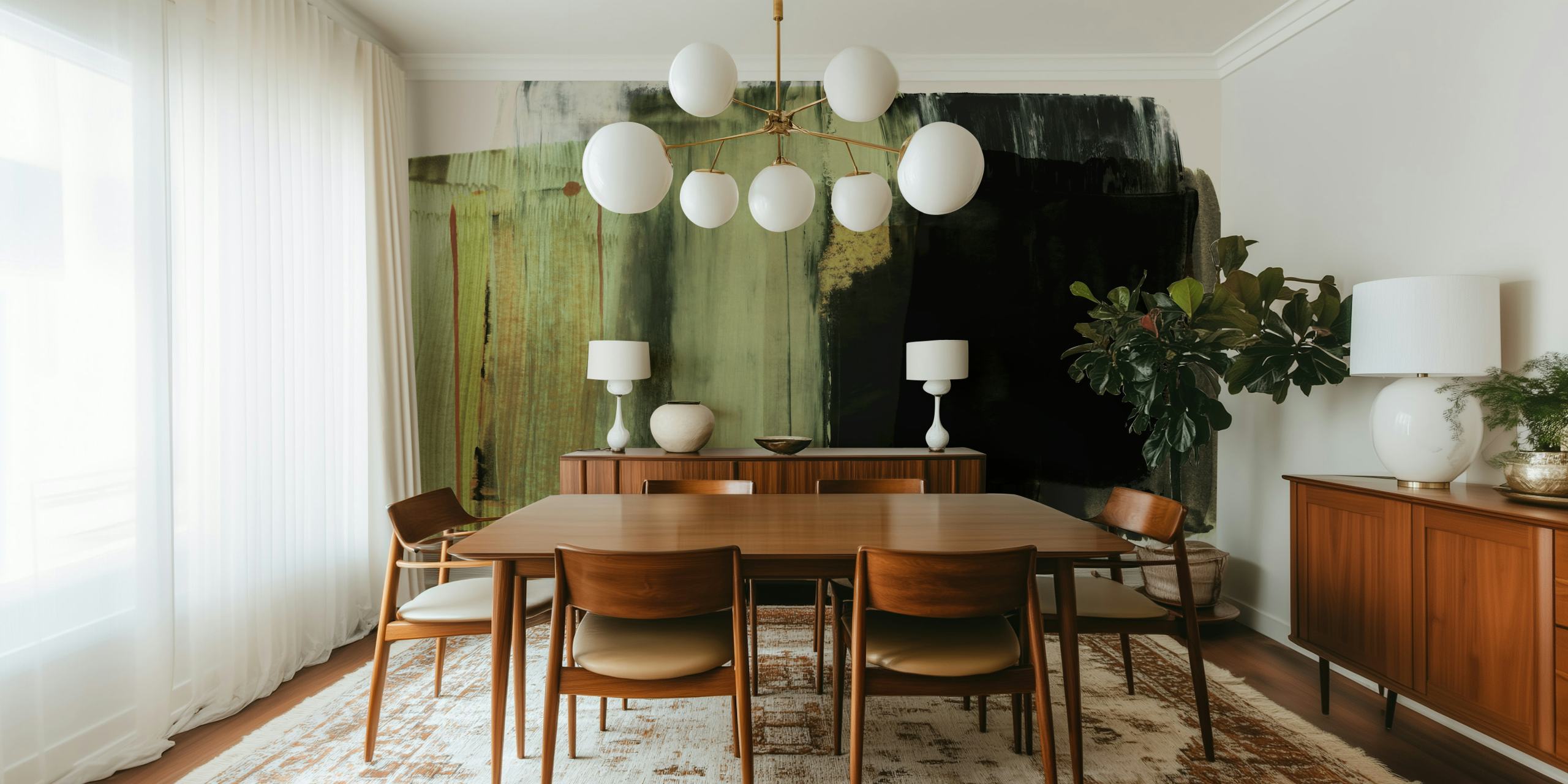 Abstract brushstroke wallpaper with earthy green and black colors, modern style