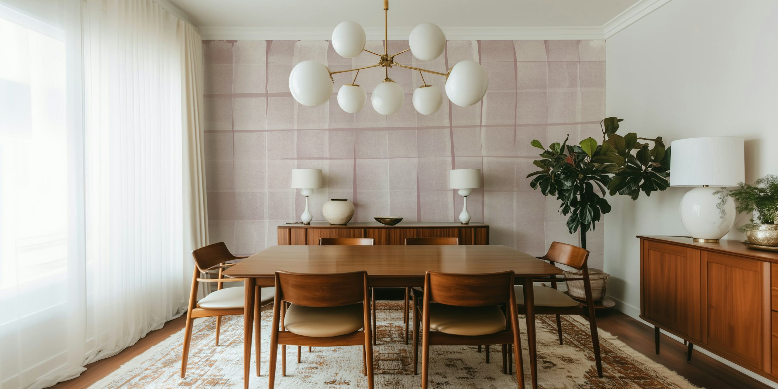 Blush checkered watercolor stripes wallpaper in a room