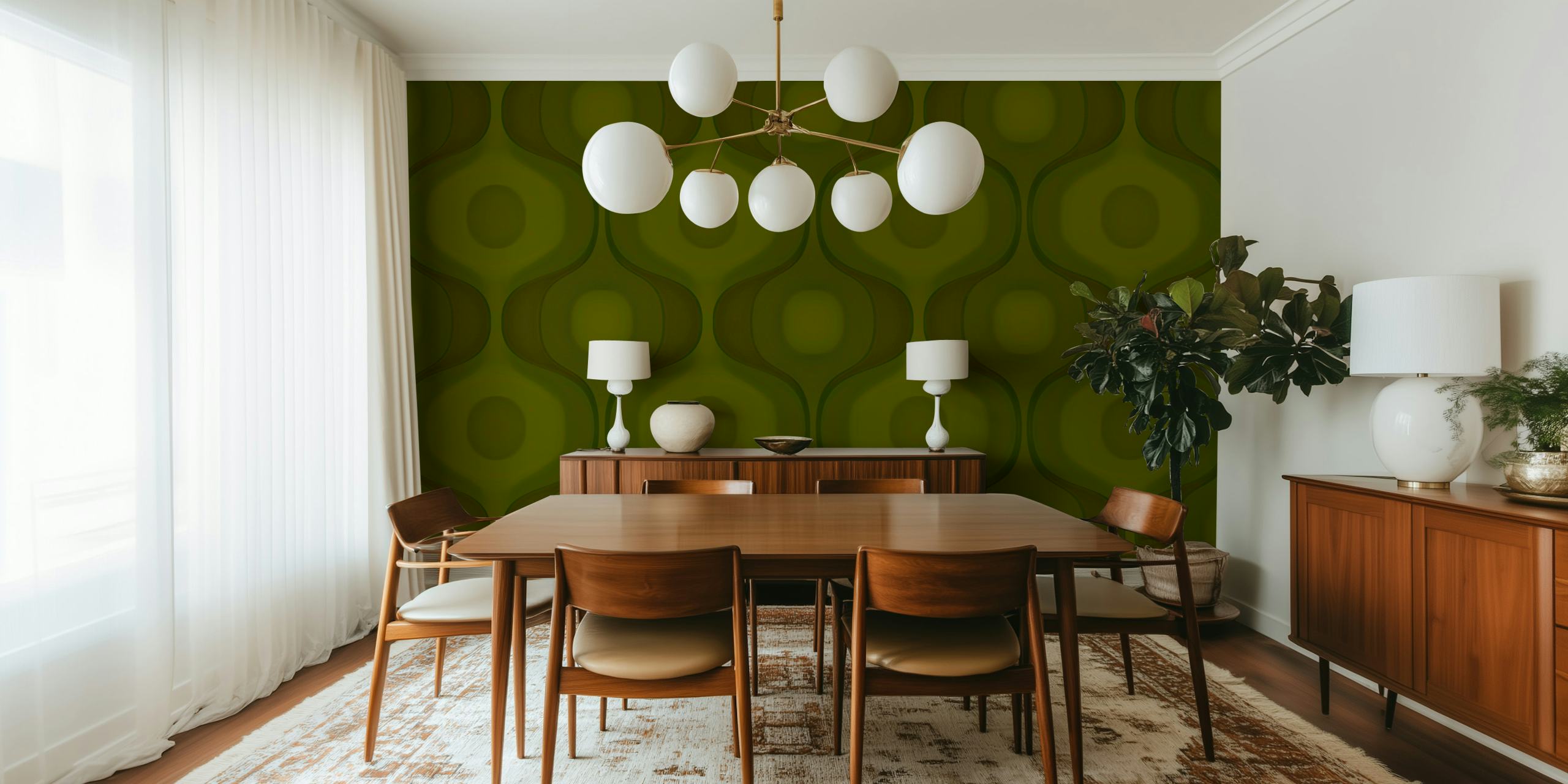 Geometric green grooves wallpaper in a room