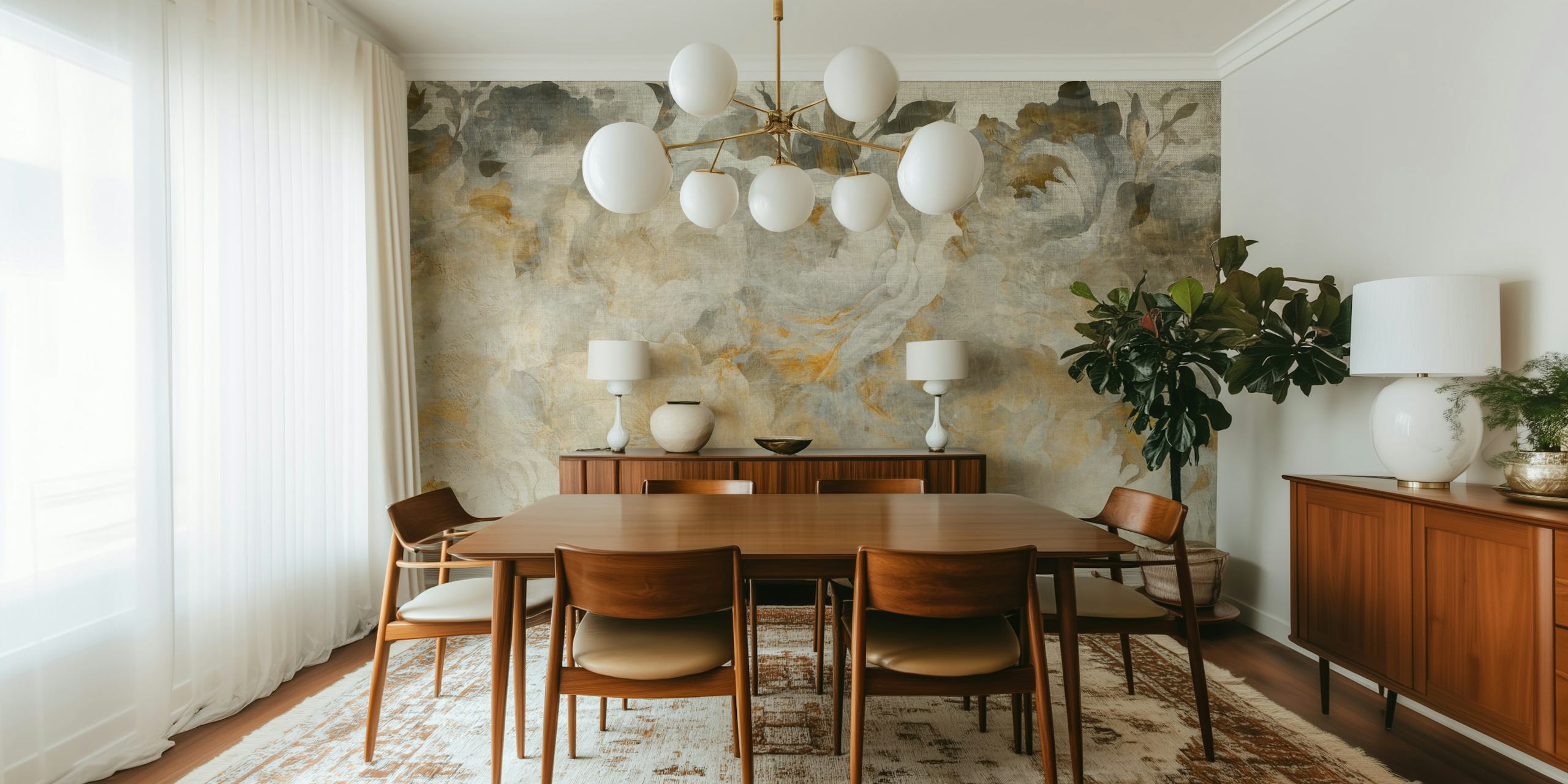 Antique floral design in gray and gold tones wallpaper