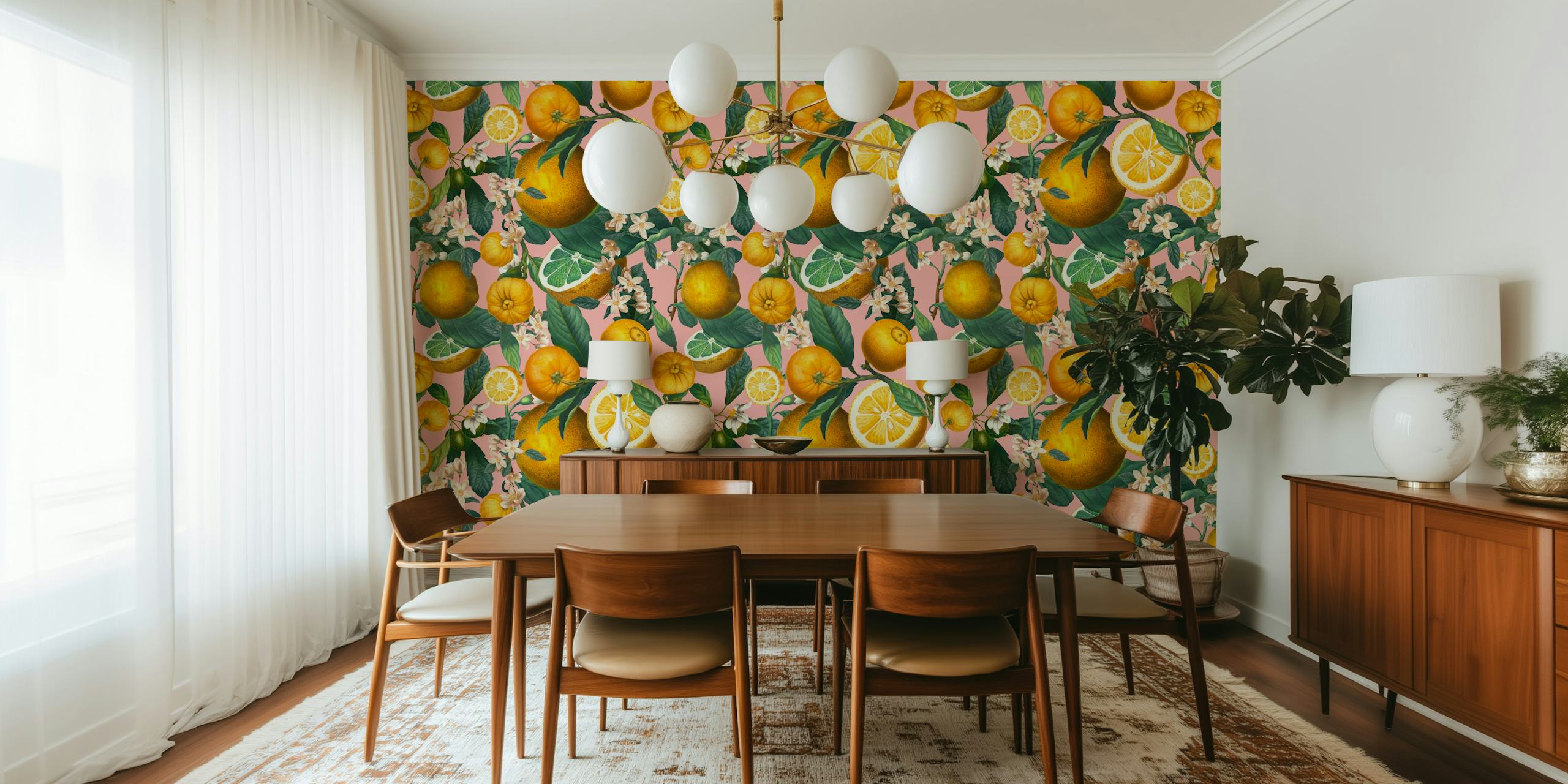 Lemon and floral pattern in yellow and green wallpaper
