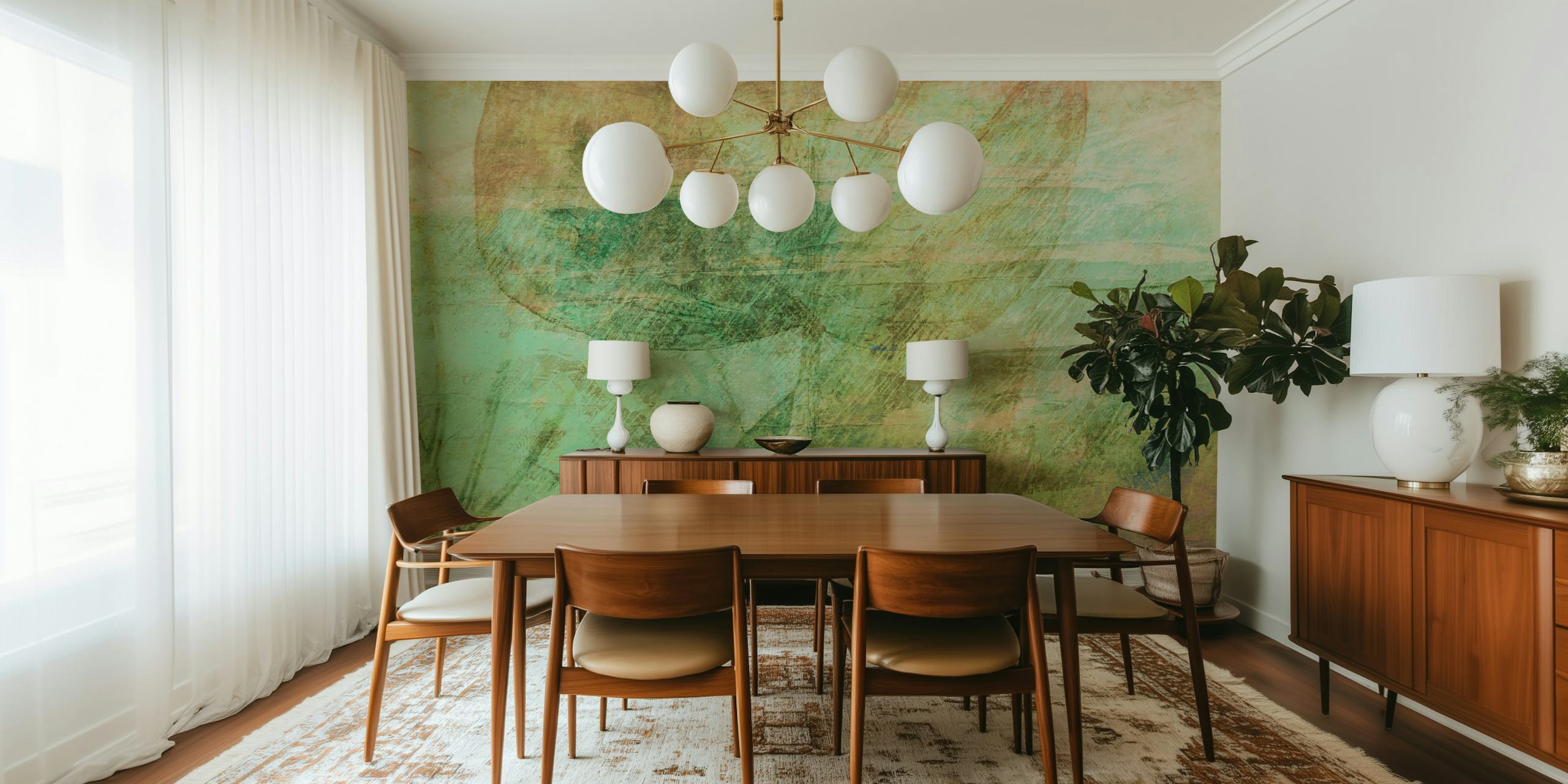 Rustic leaf brush strokes in soft green and earthy tones wallpaper
