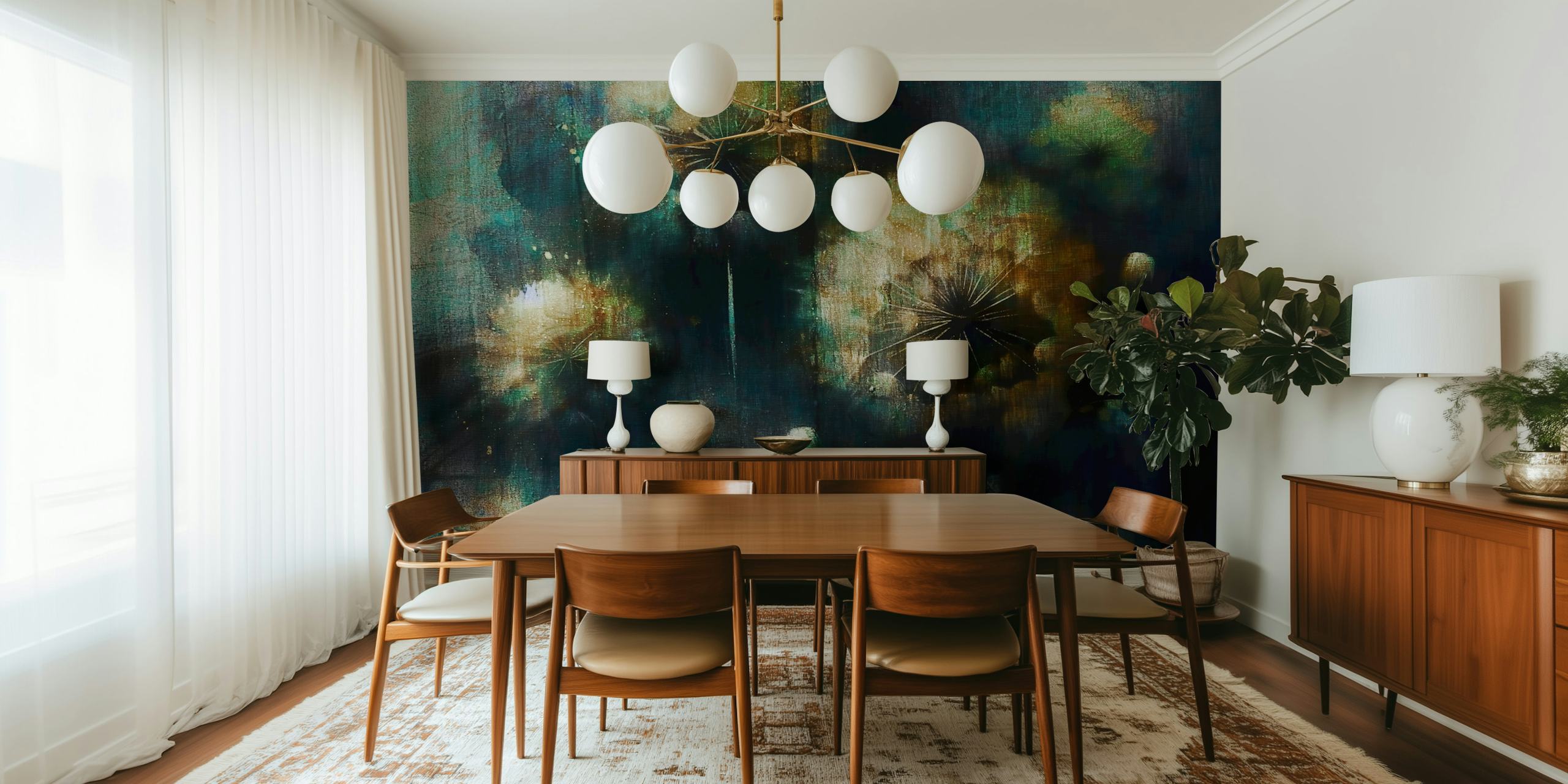 Dark dandelion wallpaper with floral motifs in hues of teal and brown