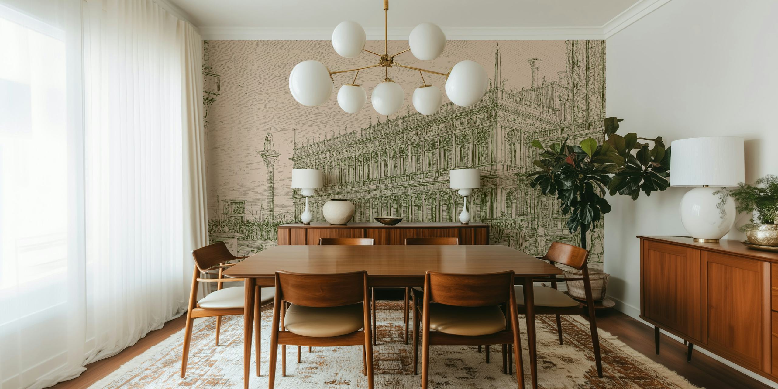 Historic Venice cityscape mural featuring detailed architecture in sepia tones wallpaper