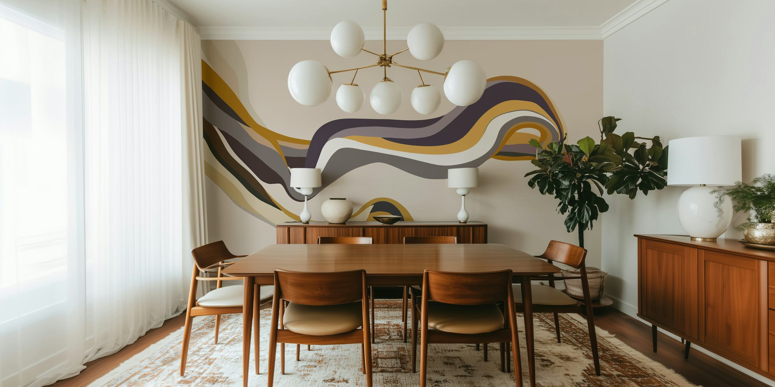 Warm organic flow wallpaper design displayed in a room