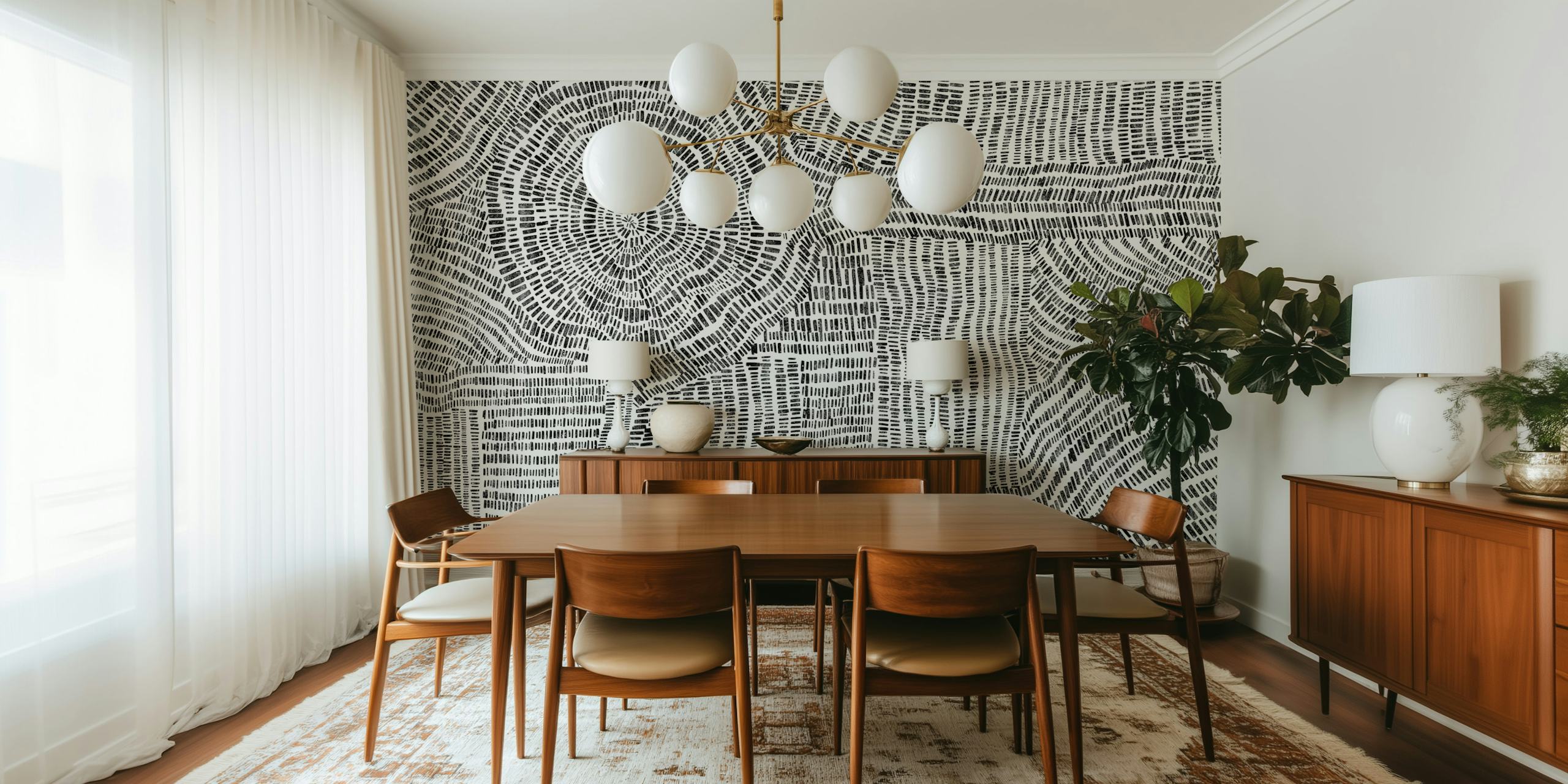 Papel de parede preto e branco Black and White Rhythm em um quarto moderno