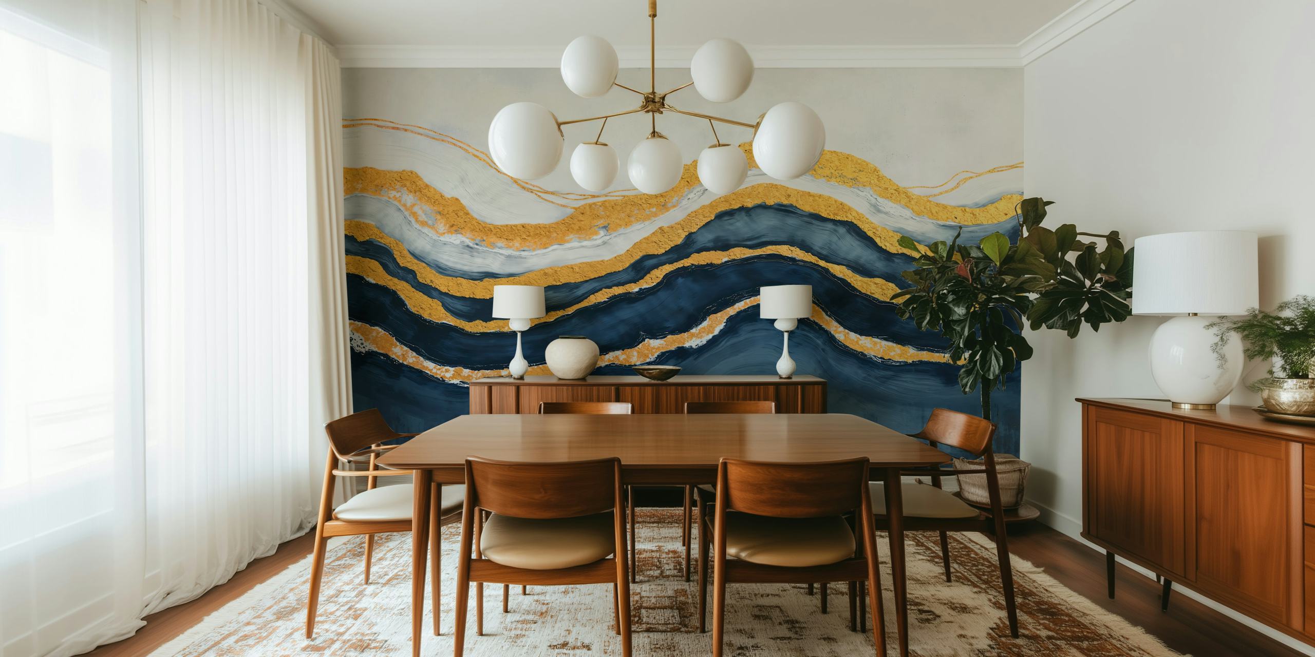 Wavy navy and gold abstract wallpaper with textured patterns