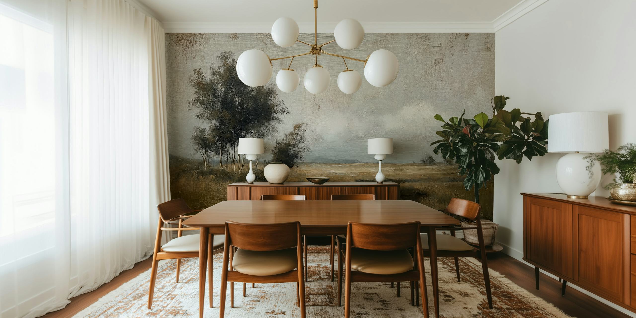 Tranquil morning landscape wallpaper in a room