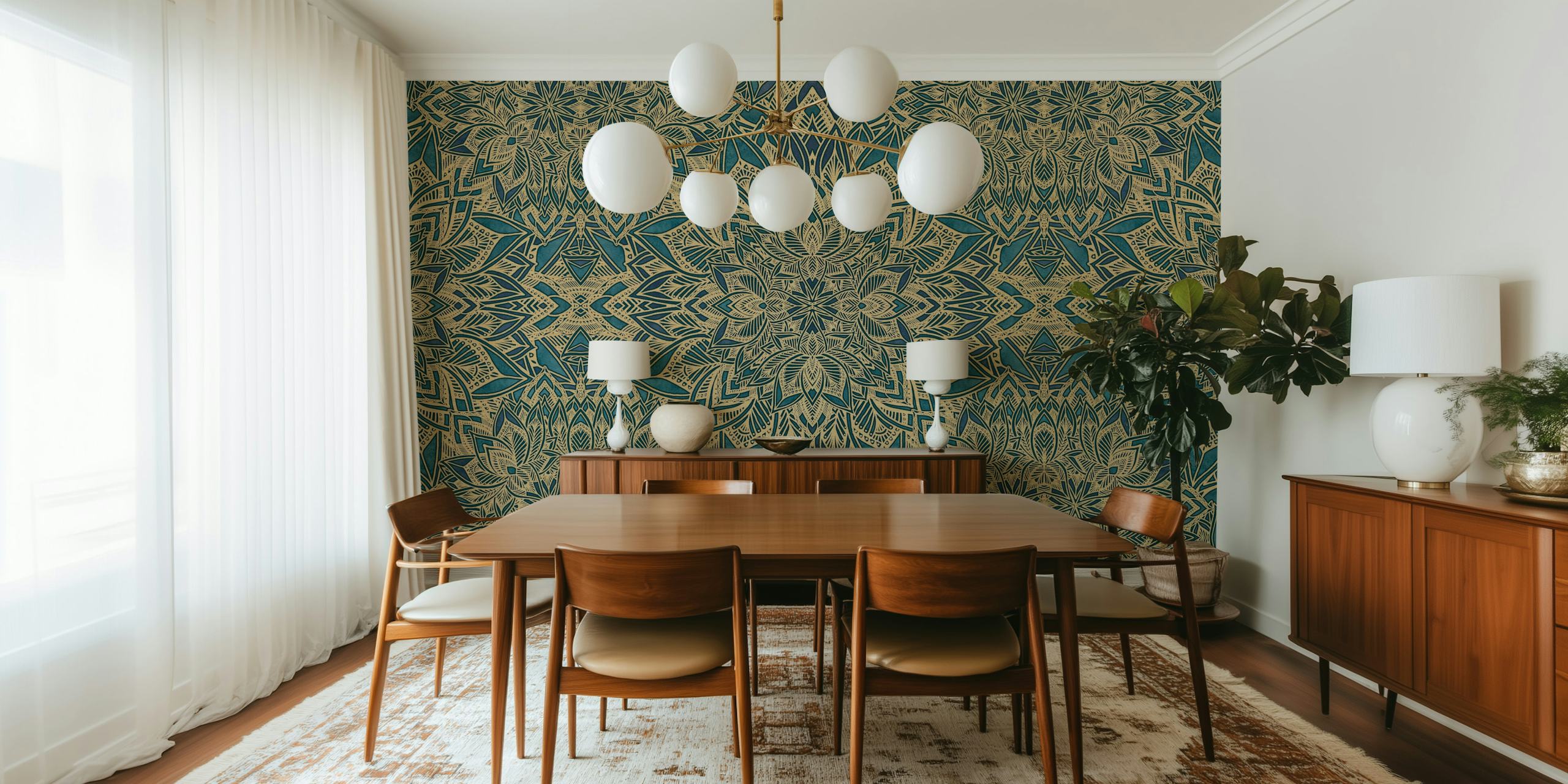 Teal and gold mandala pattern wallpaper in art deco style