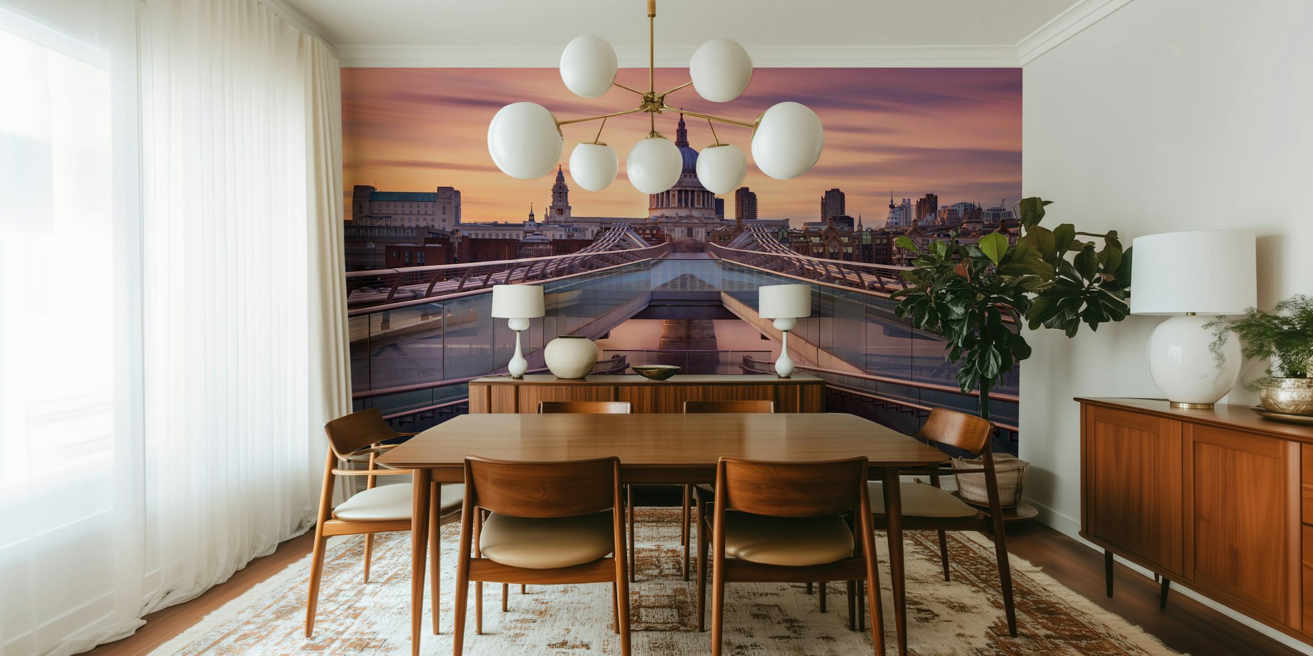 Millennium Bridge leading towards St Paul's Cathedral at sunset wallpaper