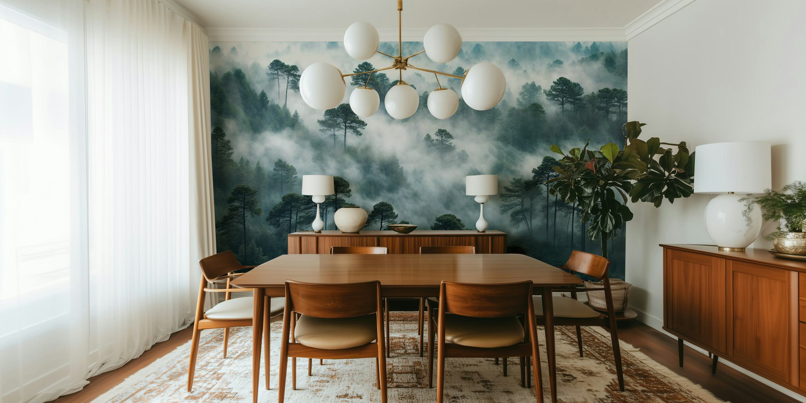 Tall pine trees in a misty forest, green toned wallpaper