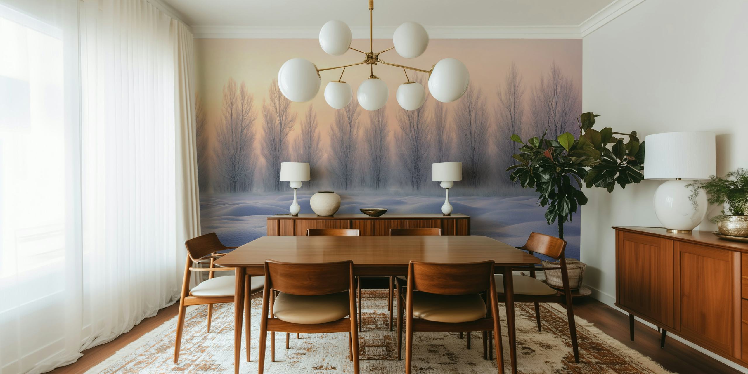 Snowy trees in a pastel winter landscape wallpaper