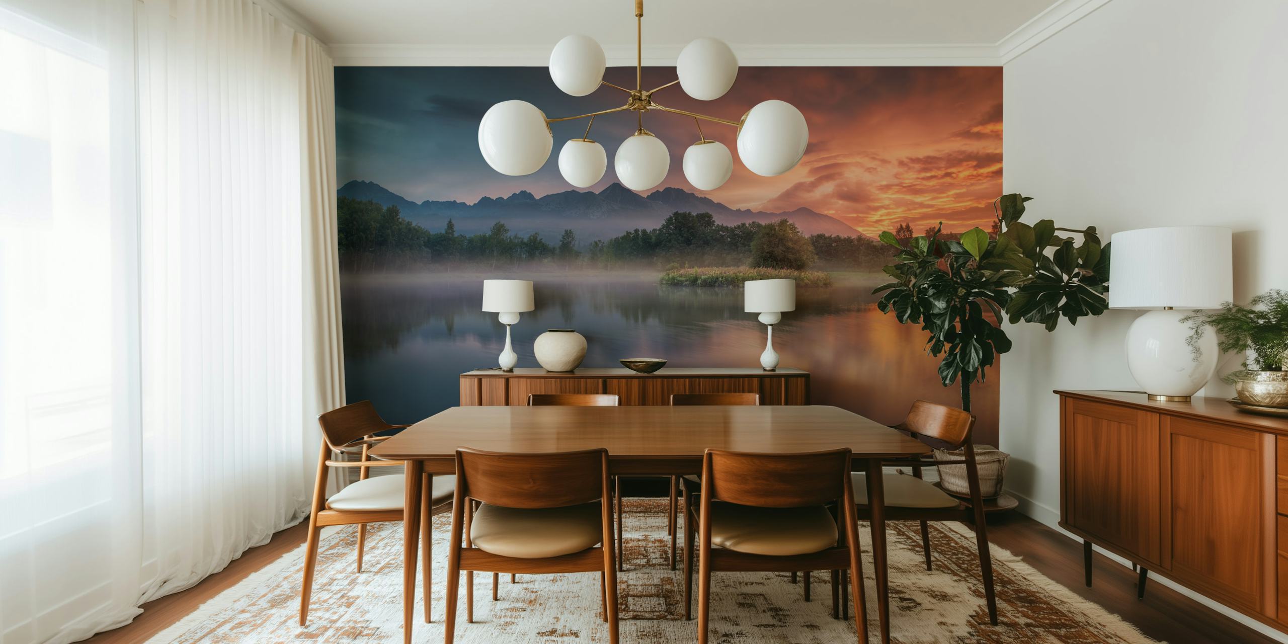 Lake at dawn wallpaper in a room